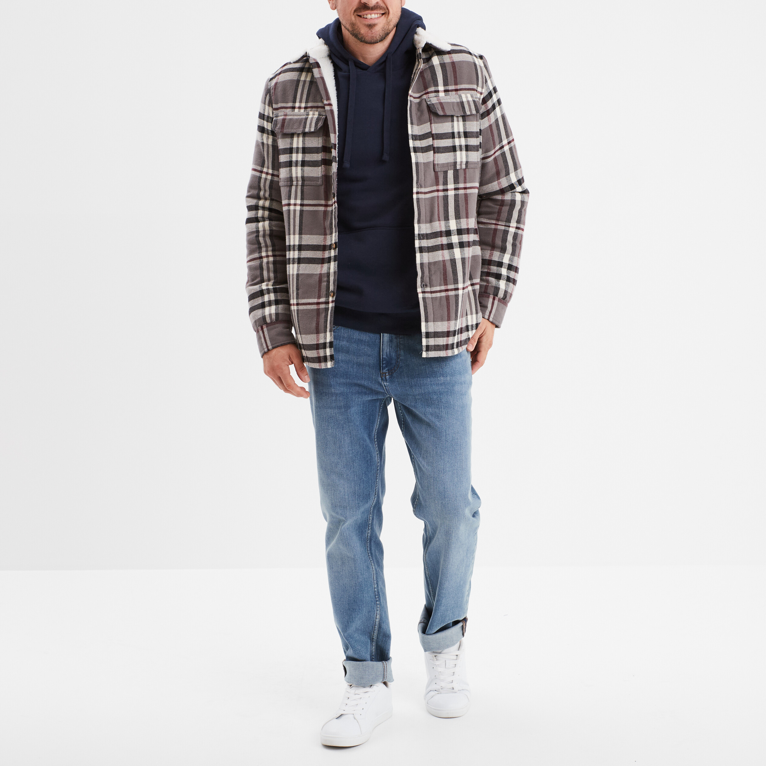 Surchemise carreaux doubl&eacute;e effet sherpa prune homme