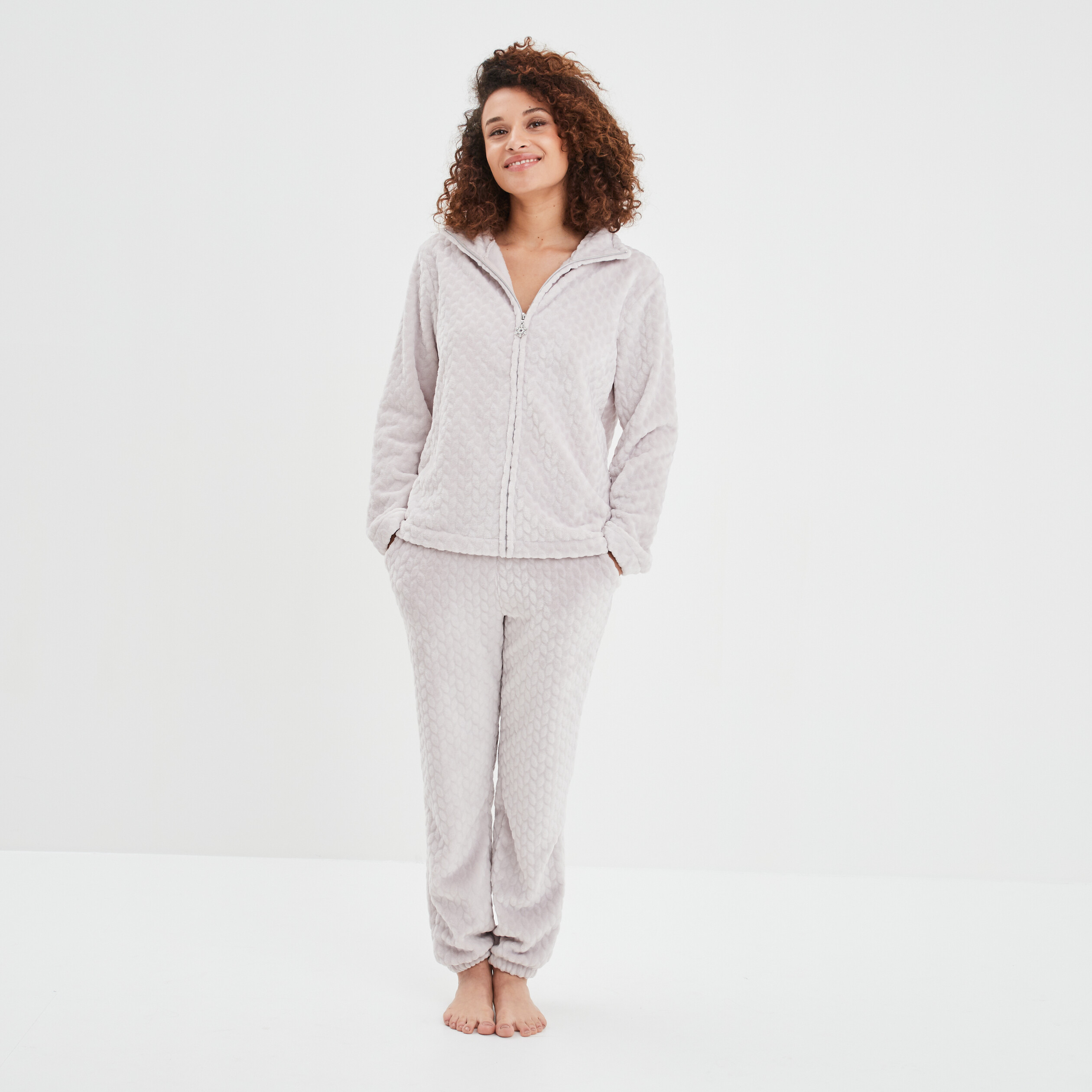 Veste pyjama pilou zippée col montant rose pastel femme