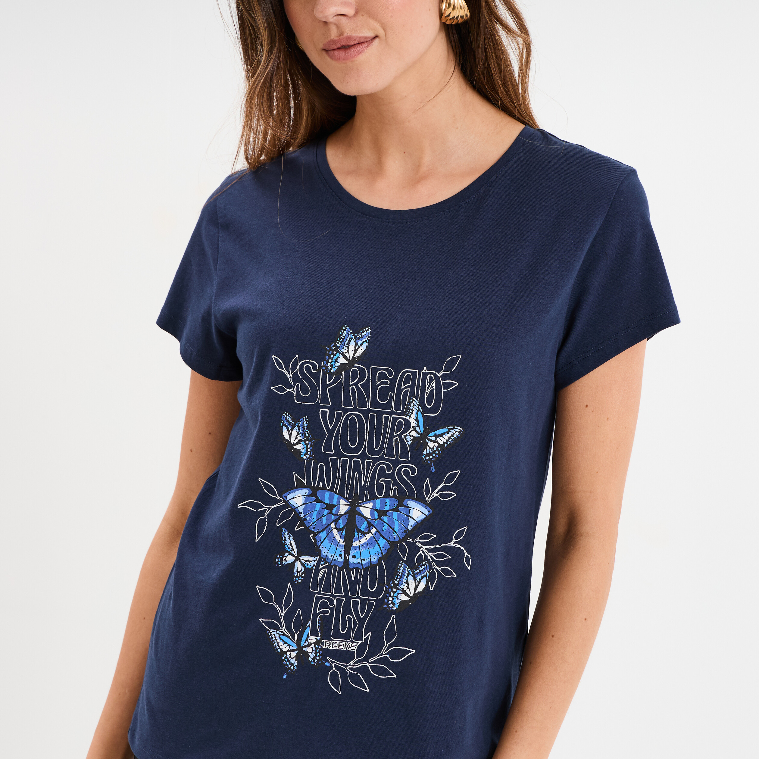 T-shirt Femme Buffalo David Bitton Taille S/P Bleu Graphique - Occasion Très Bon état, Manches Courtes, Mélange Coton
