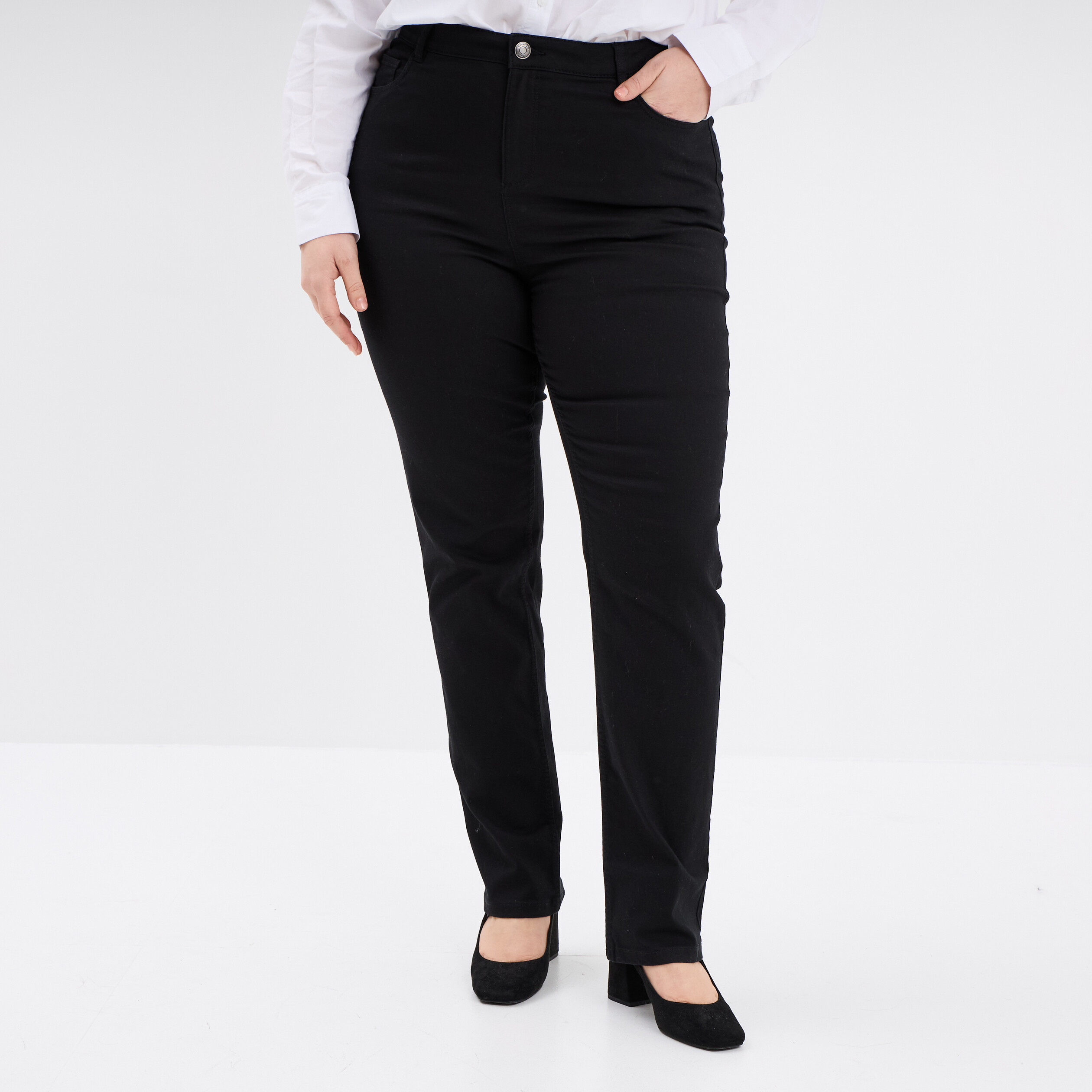 Pantalon droit taille haute noir femme grande taille