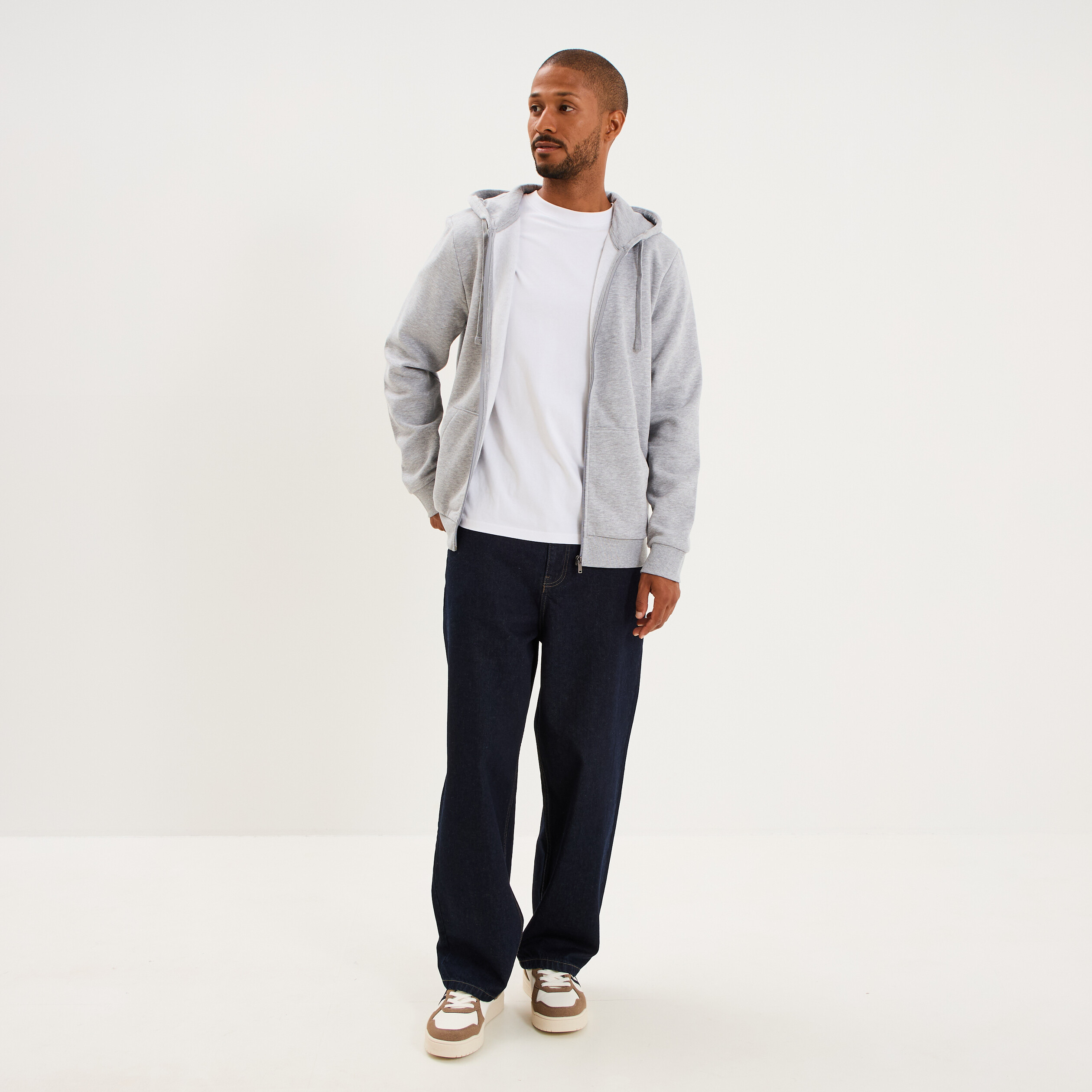 Sweat zipp&eacute; molleton &agrave; capuche gris homme