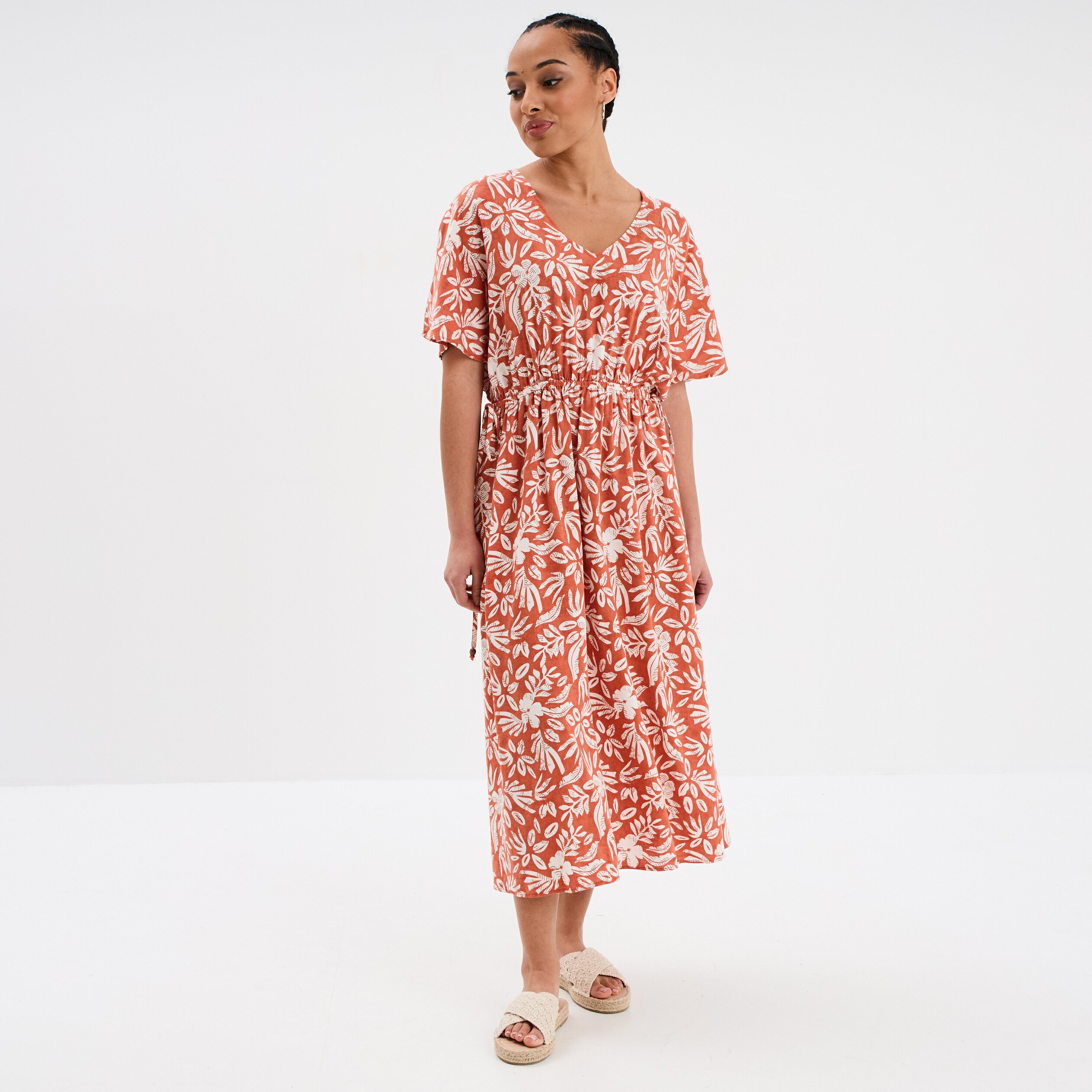 robe midi cordons taille evasee terracotta femme Robe midi cordons taille évasée terracotta femme