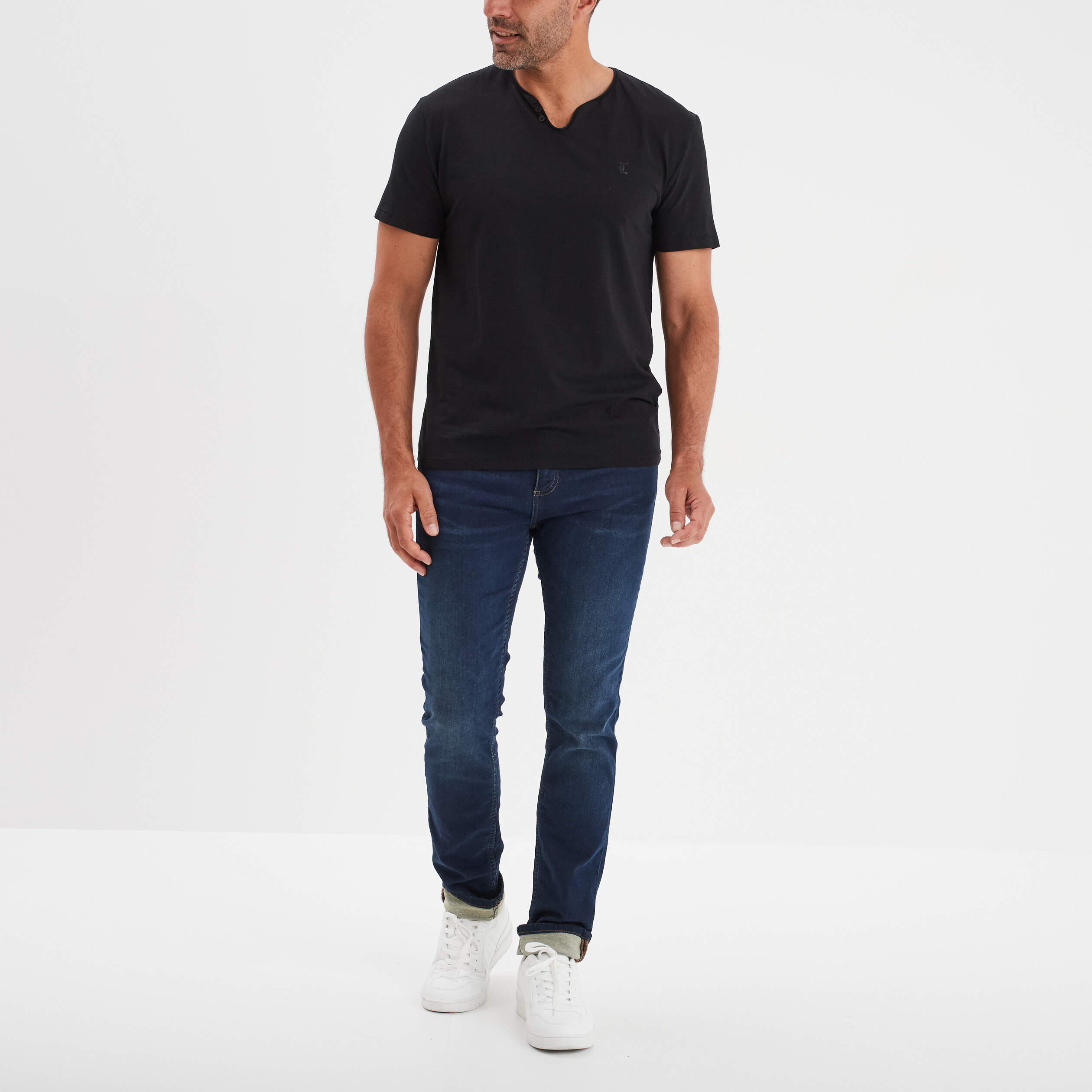 t shirt col tunisien coton noir homme T-shirt col tunisien coton noir homme