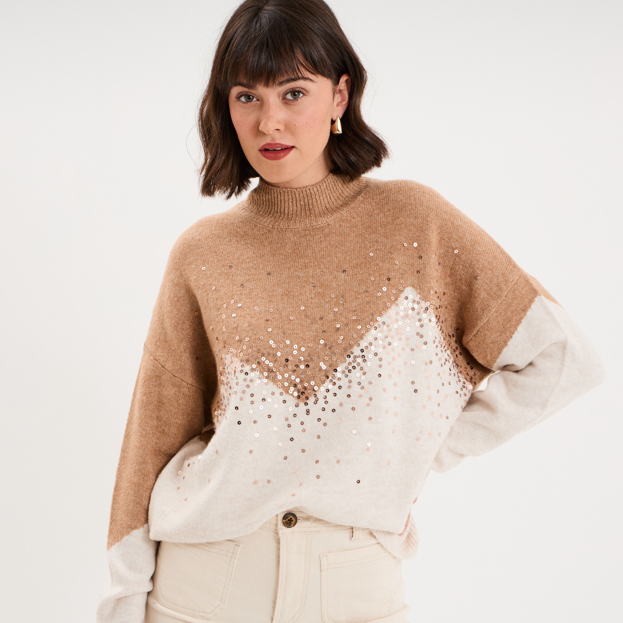 Pull col montant &agrave; sequins oversize beige femme