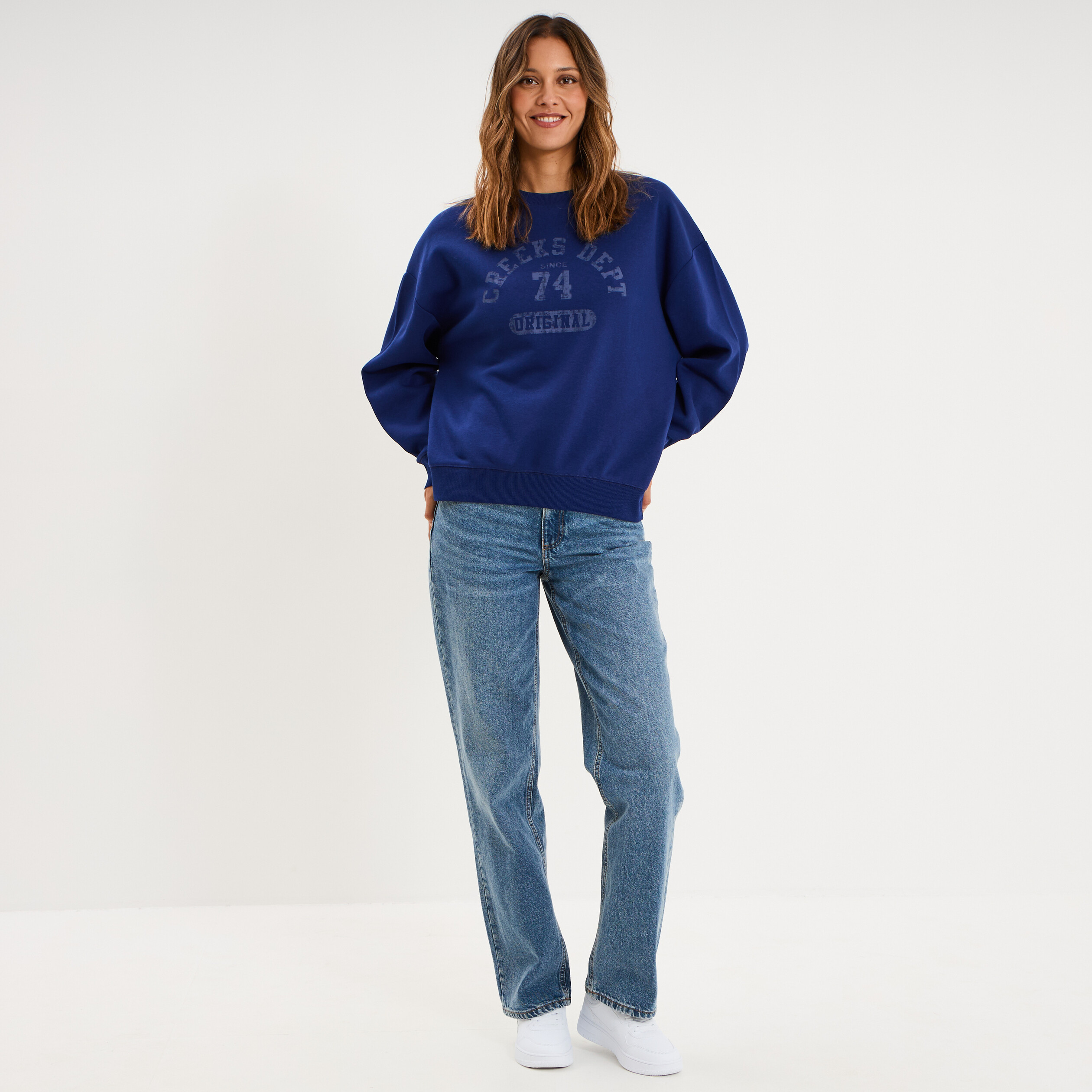 Sweat col rond manches longues bleu fonc&eacute; femme