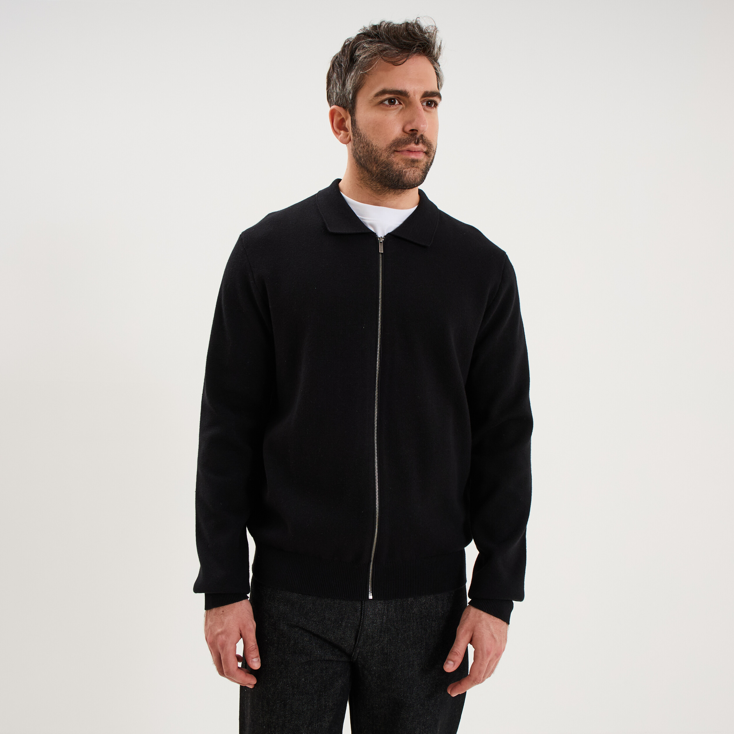 Gilet zipp&eacute; en maille manches longues noir homme