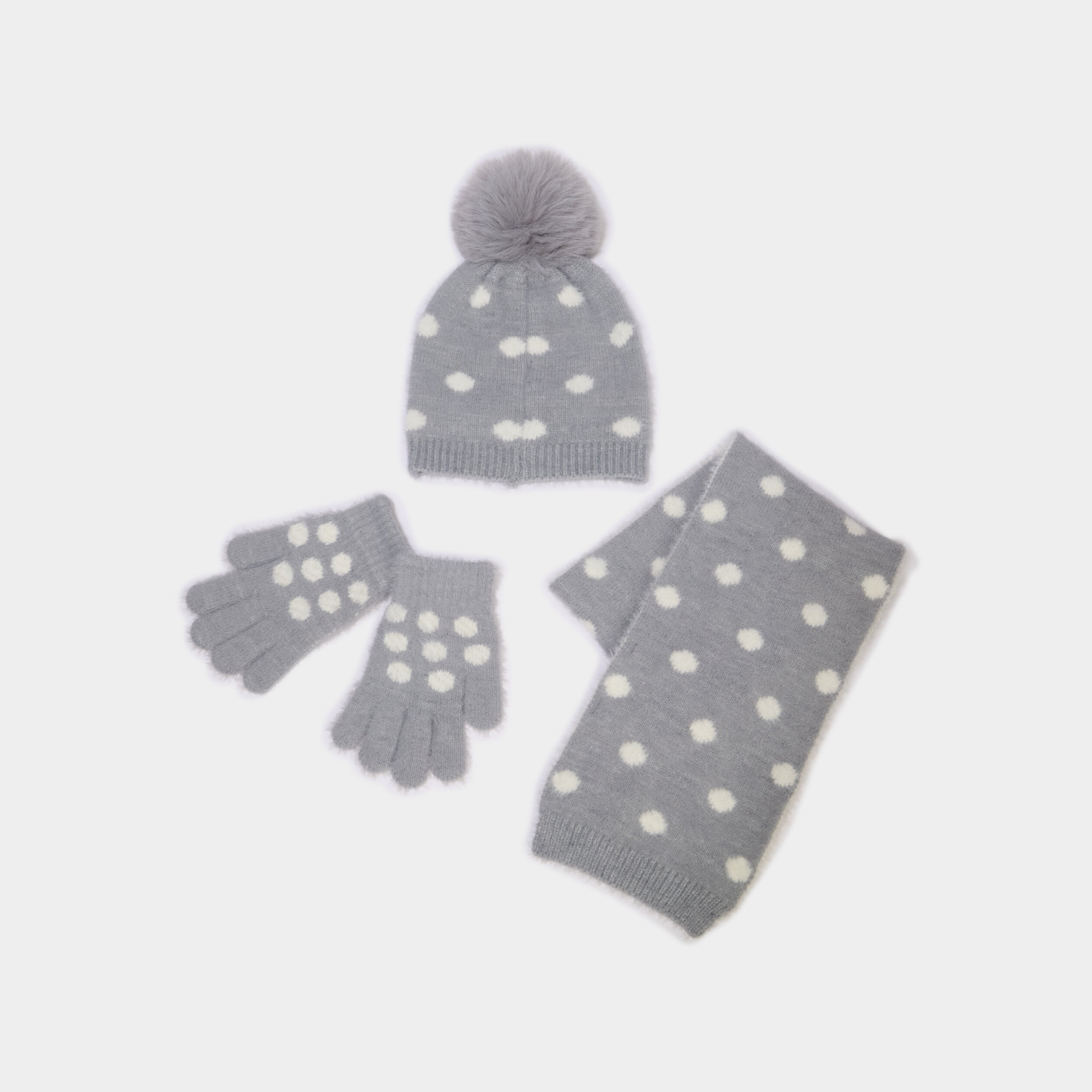 Ensemble &eacute;charpe, bonnet pompon et gants gris fille