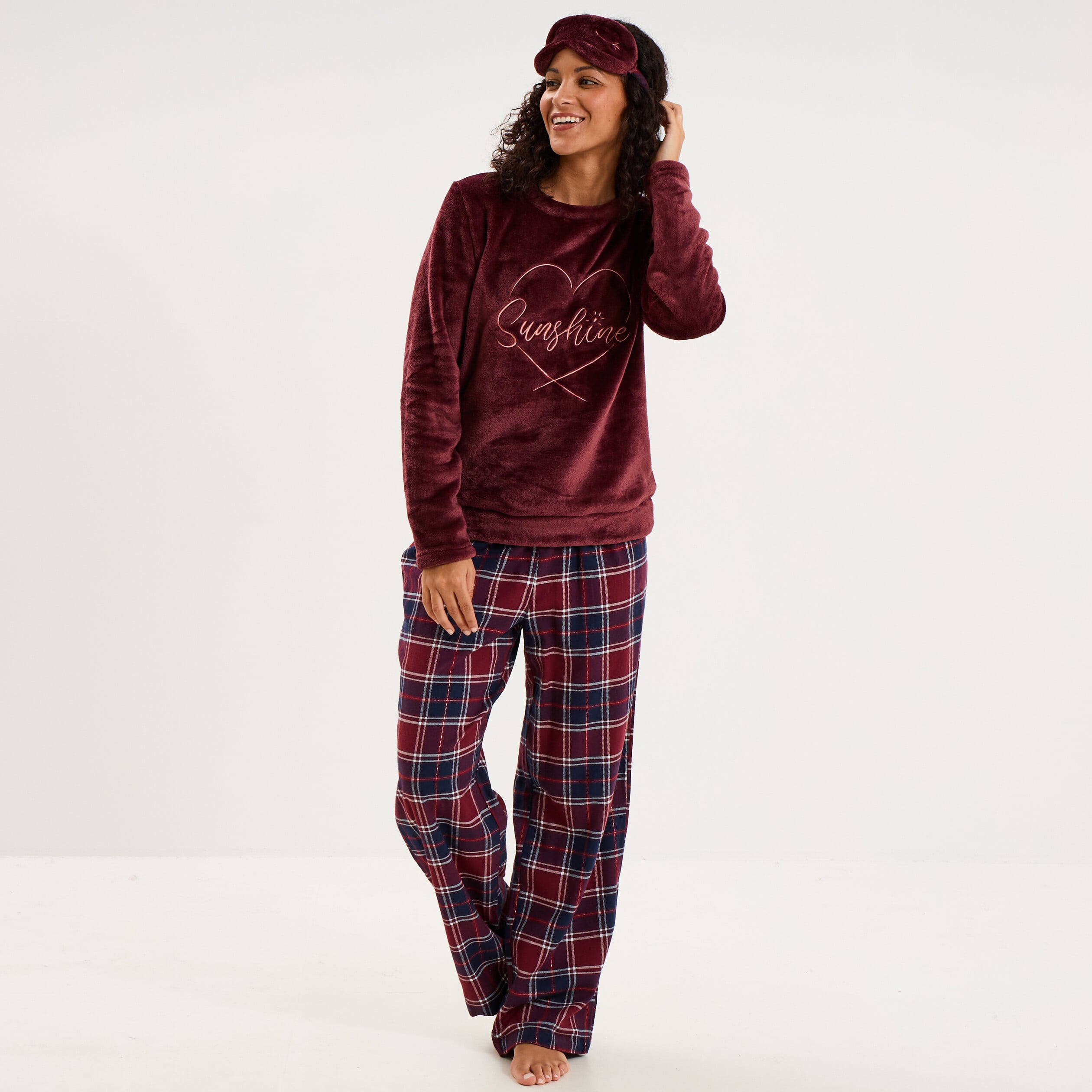 Ensemble pyjama effet polaire 3 pi&egrave;ces bordeaux femme
