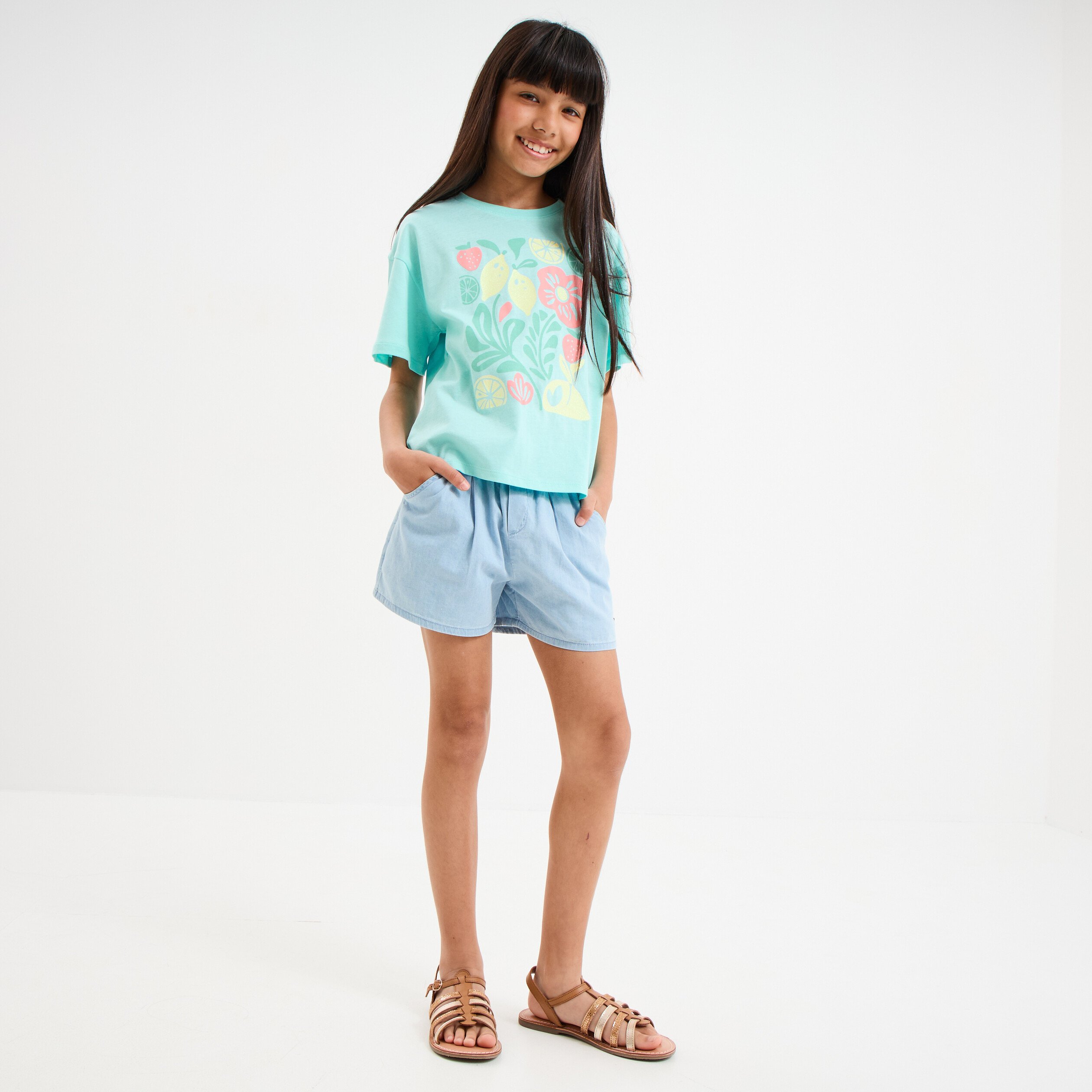 short en jean avec ceinture noeud taille denim triple stone fille Short en jean avec ceinture noeud taille denim triple stone fille