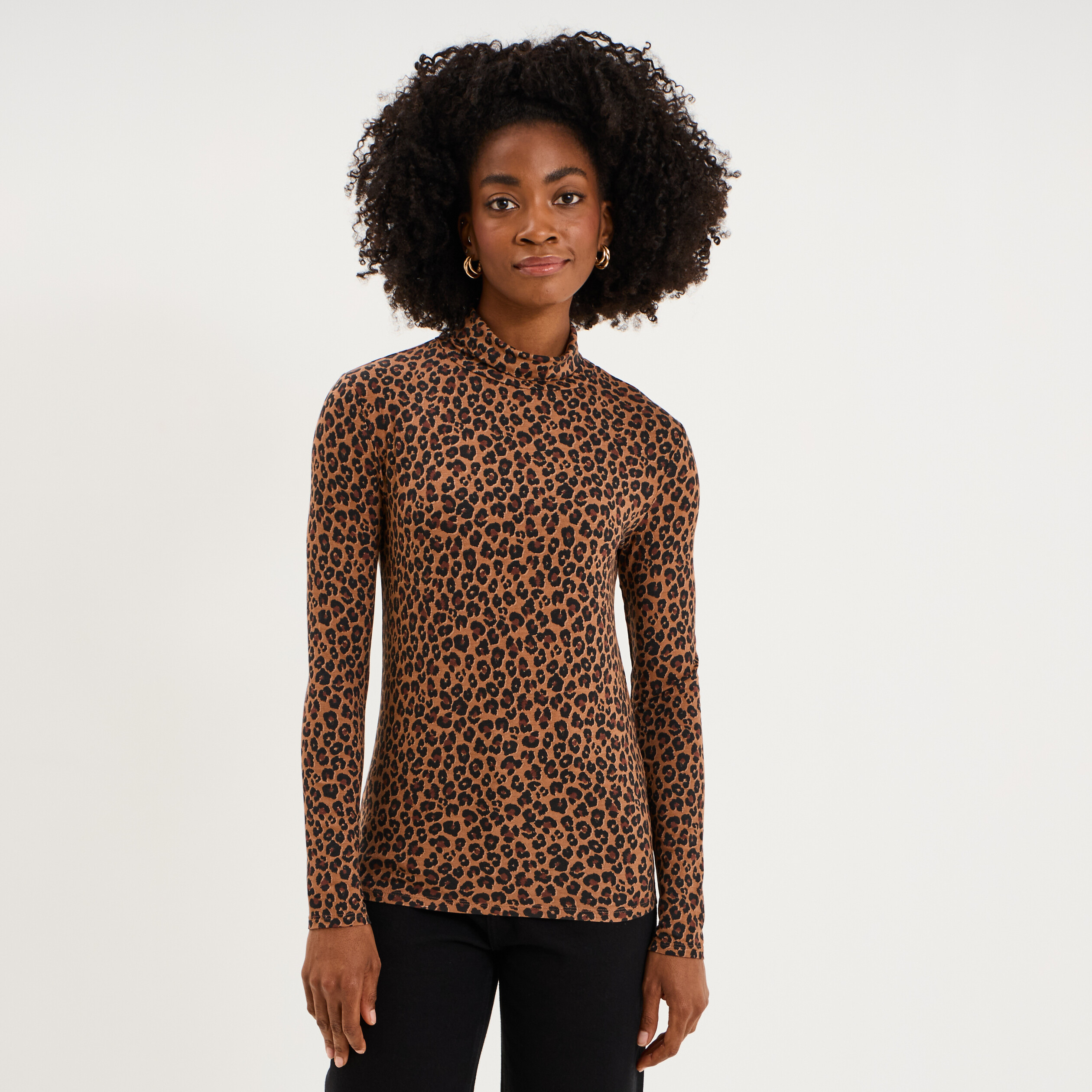 T-shirt col roul&eacute; manches longues camel femme