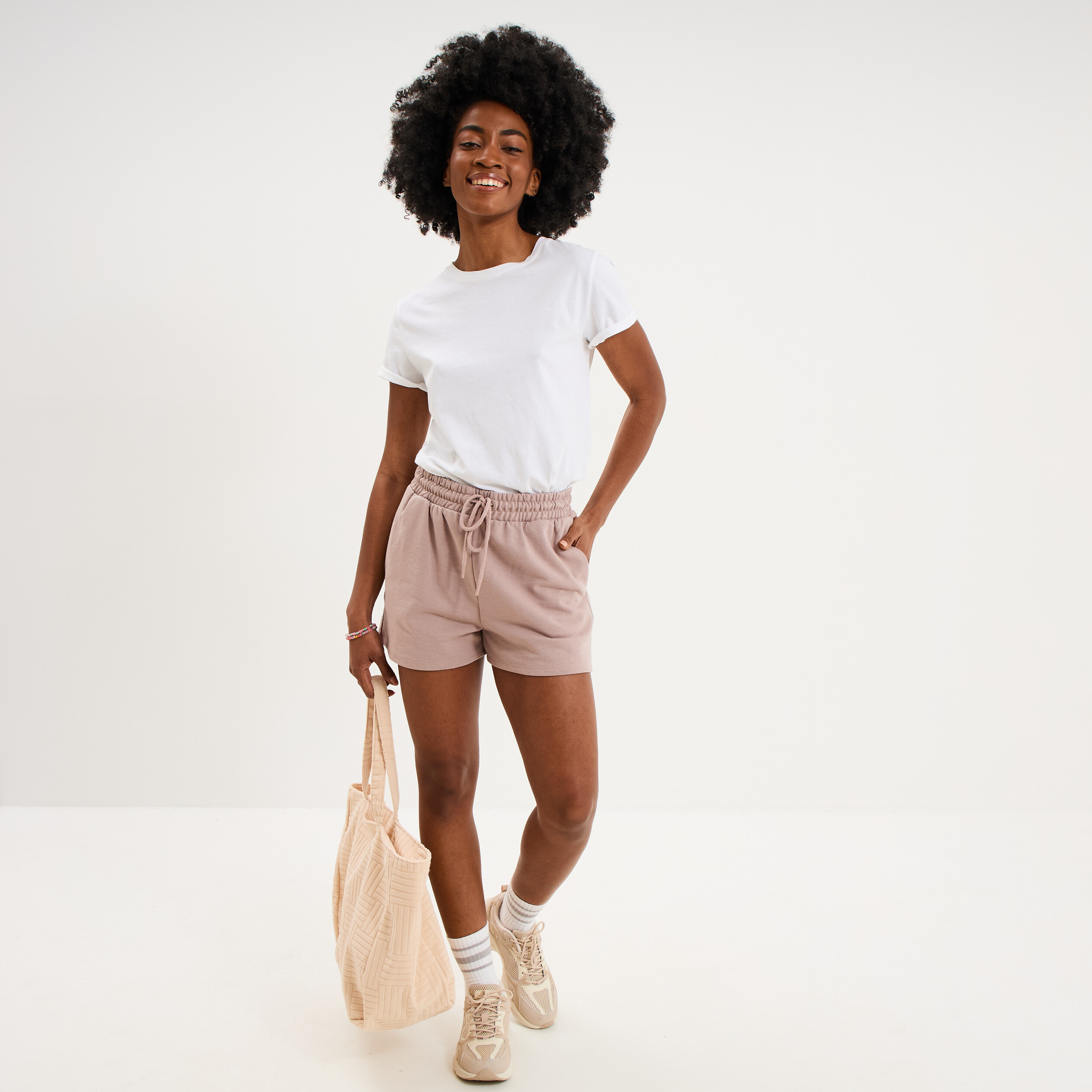 Short de jogging molletonn&eacute; ajust&eacute; marron clair femme