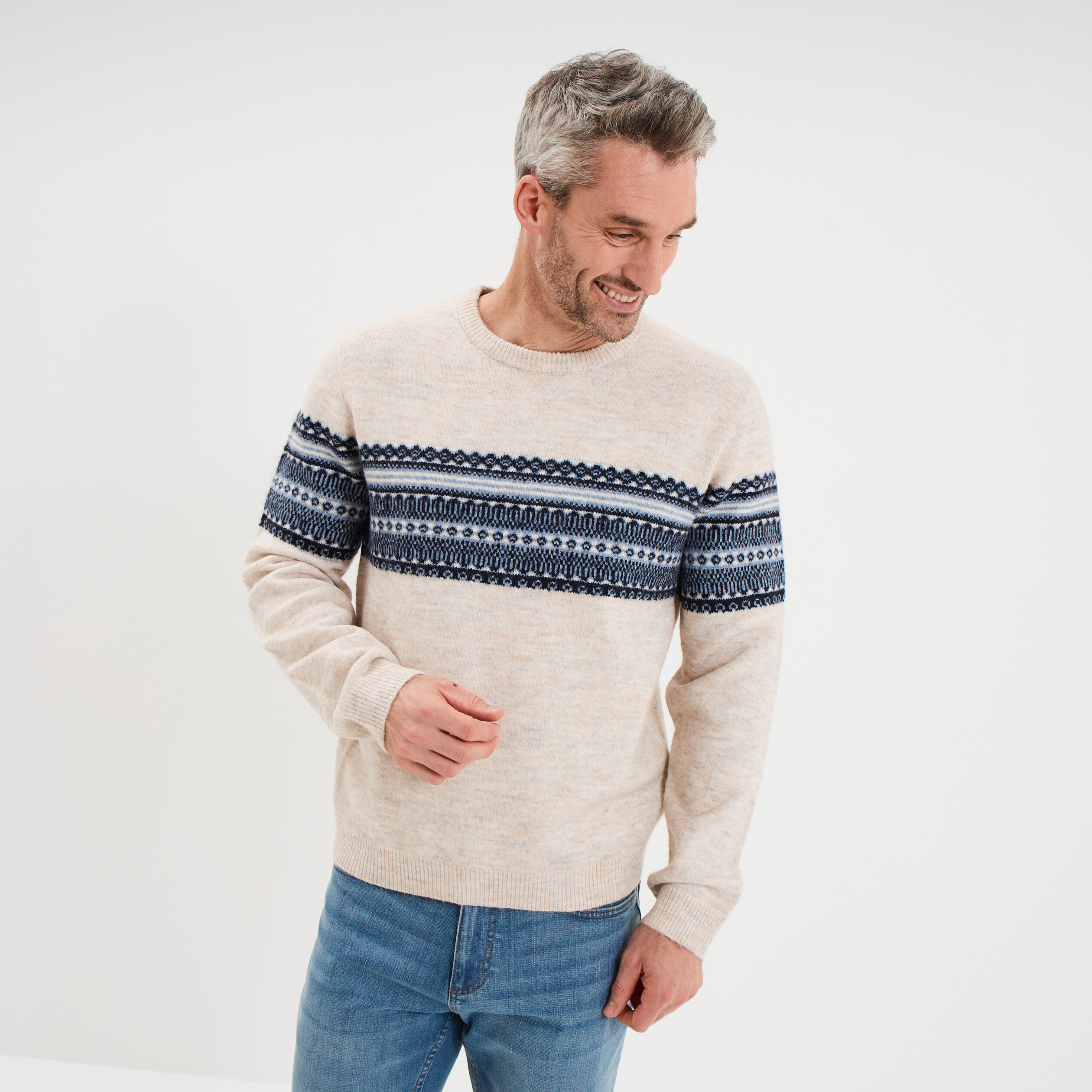 Pull jacquard col rond manches longues beige homme