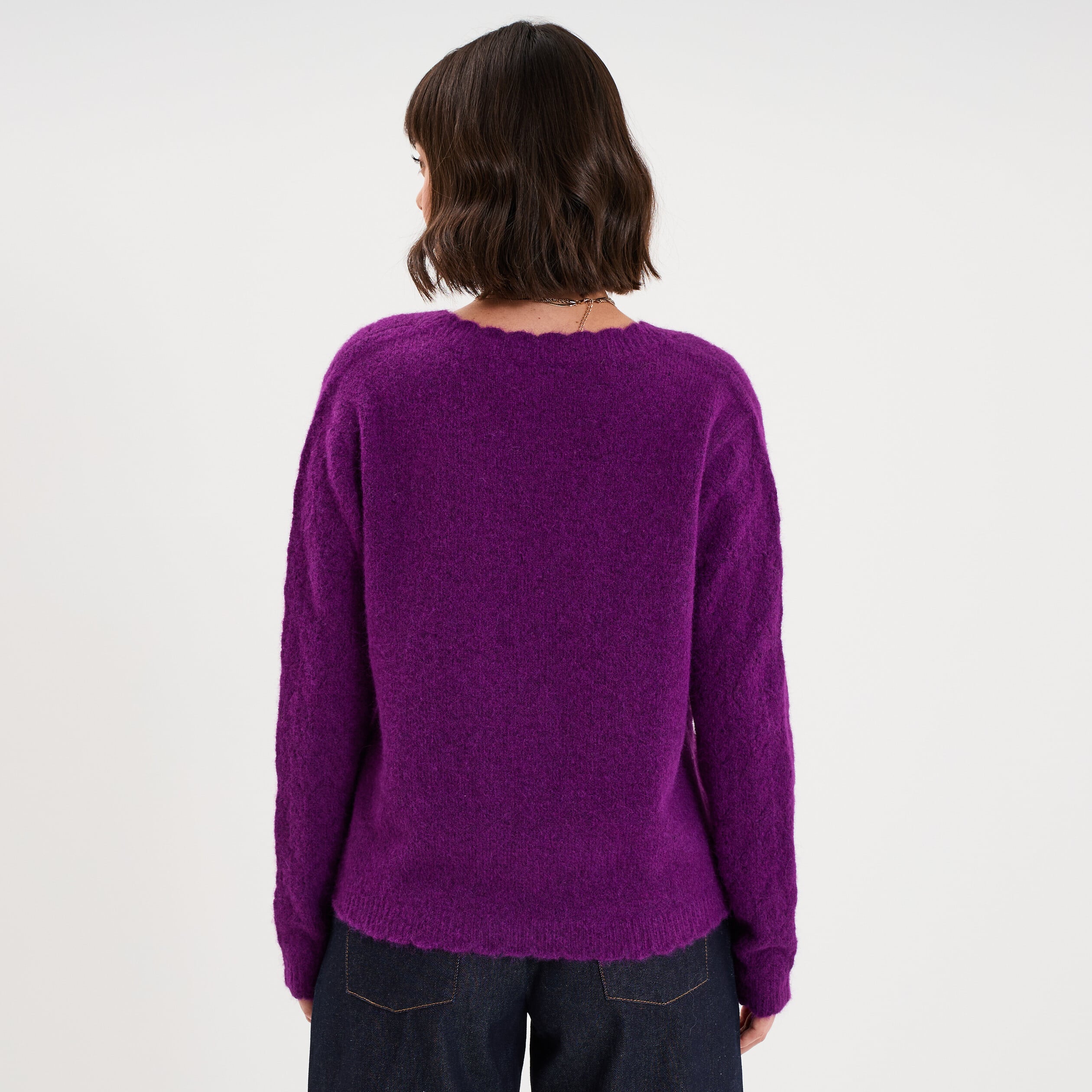 Pull col V ajour&eacute; manches longues violet fonc&eacute; femme