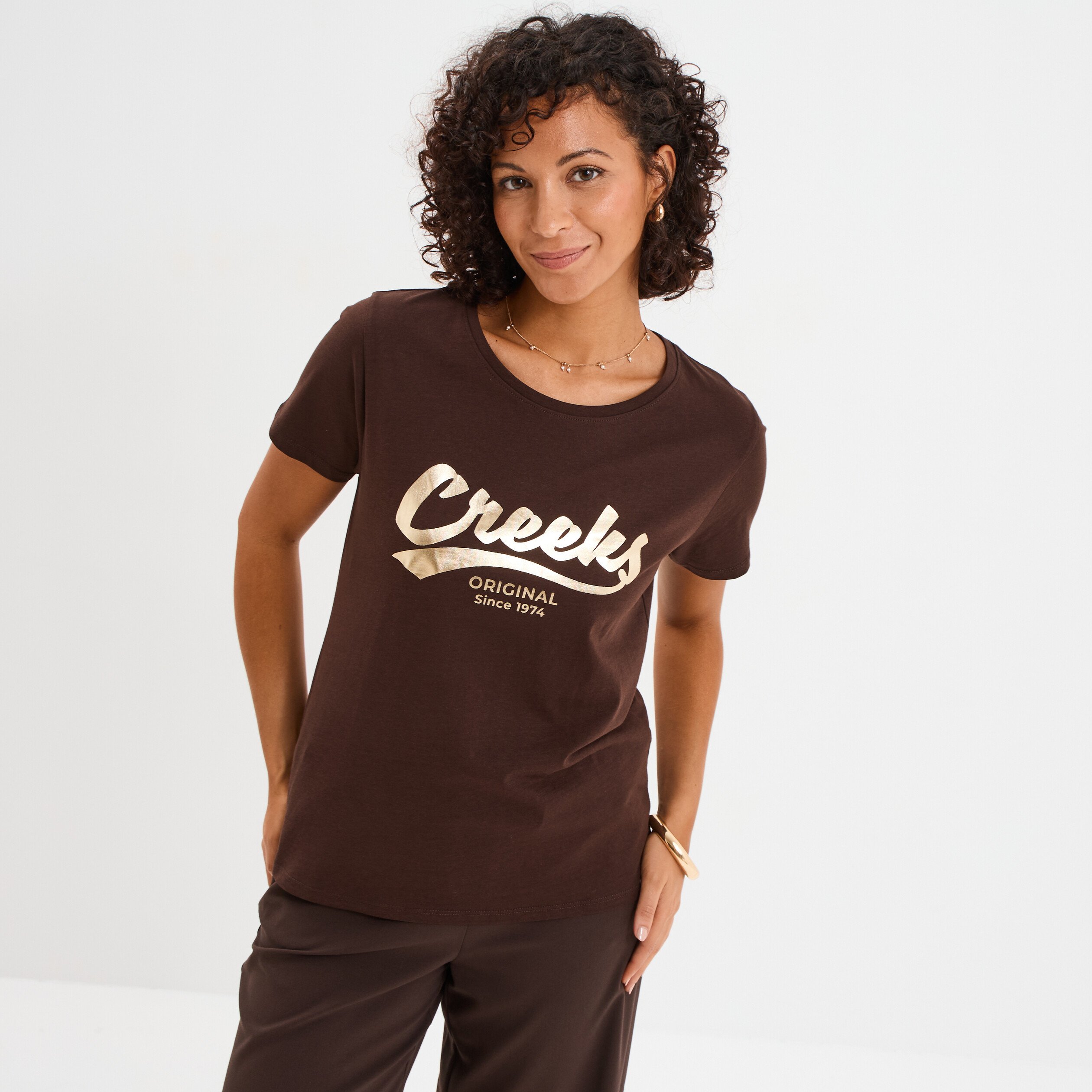 t shirt col rond manches courtes creeks marron fonce femme T-shirt col rond manches courtes Creeks marron foncé femme