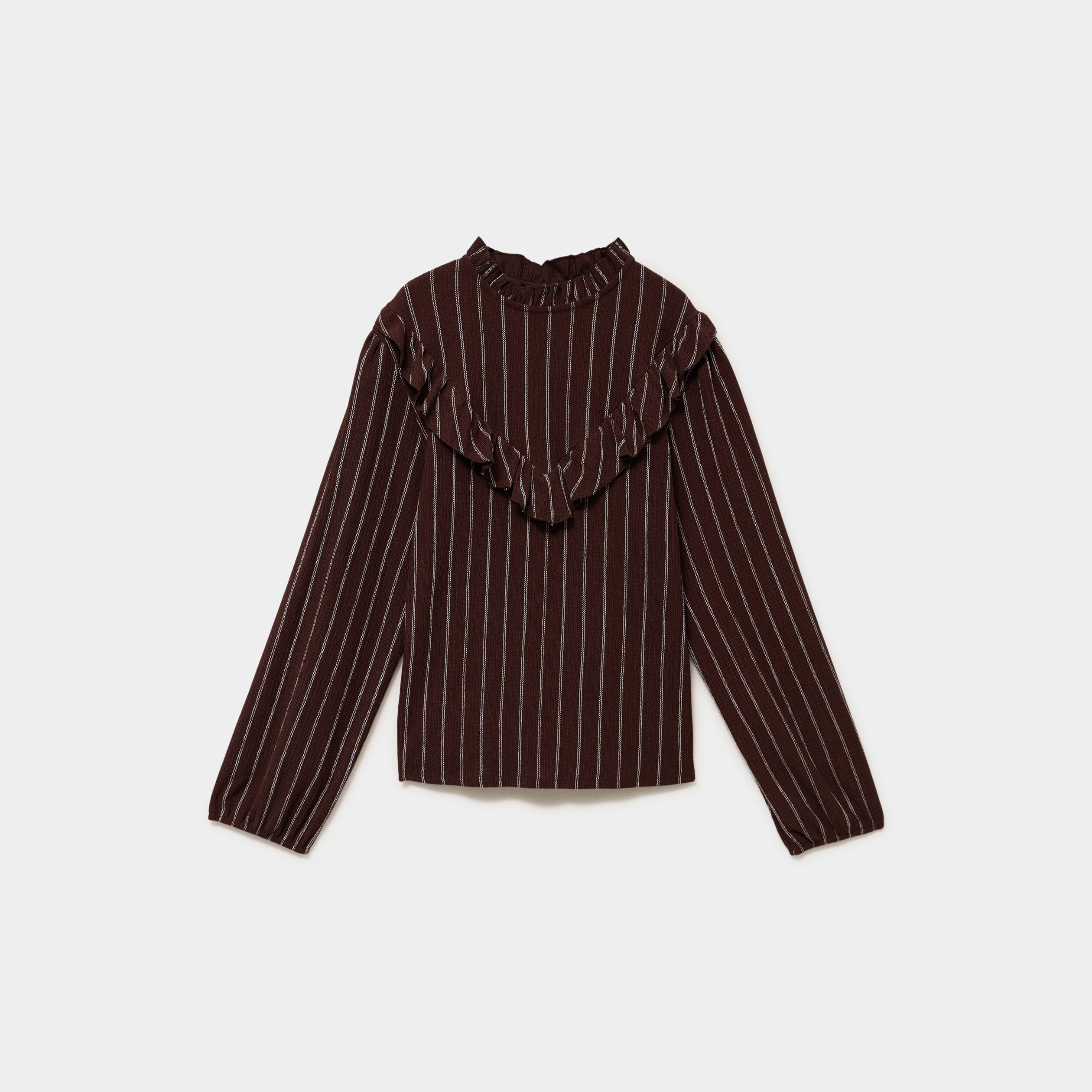 Blouse col montant &agrave; volants marron fonc&eacute; femme