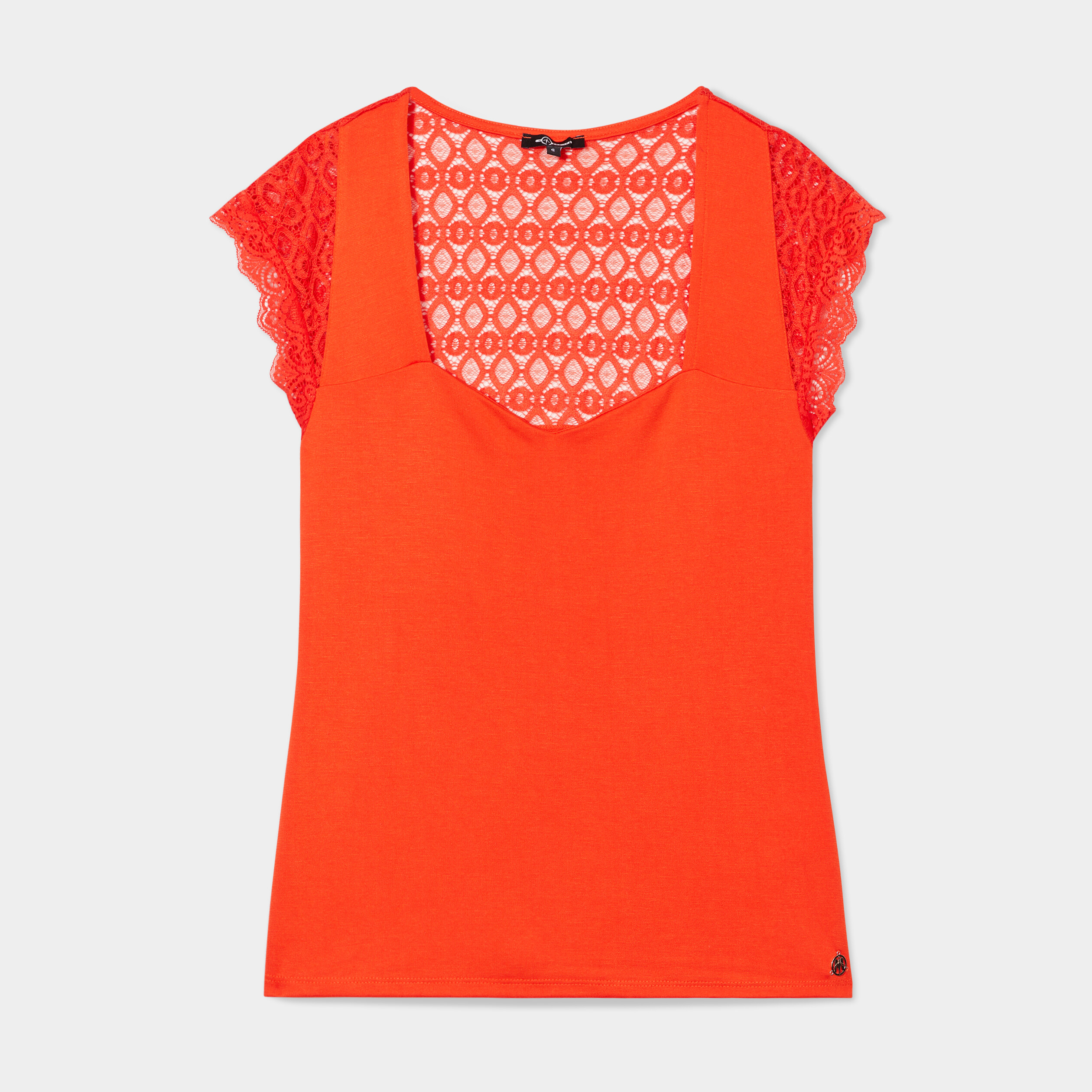 t shirt manches courtes avec dentelle orange femme T-shirt manches courtes avec dentelle orange femme