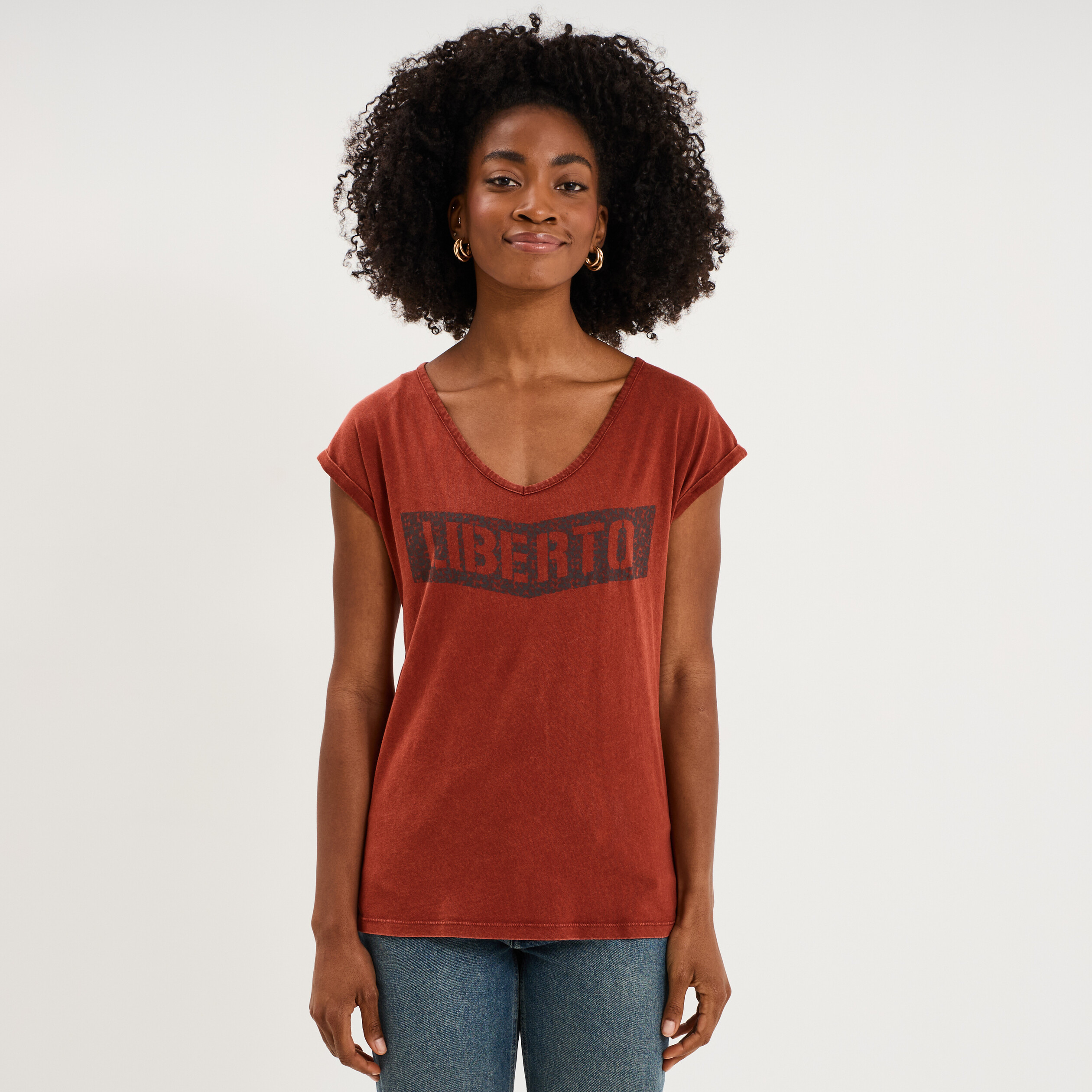 T-shirt d&eacute;lav&eacute; en coton marron femme