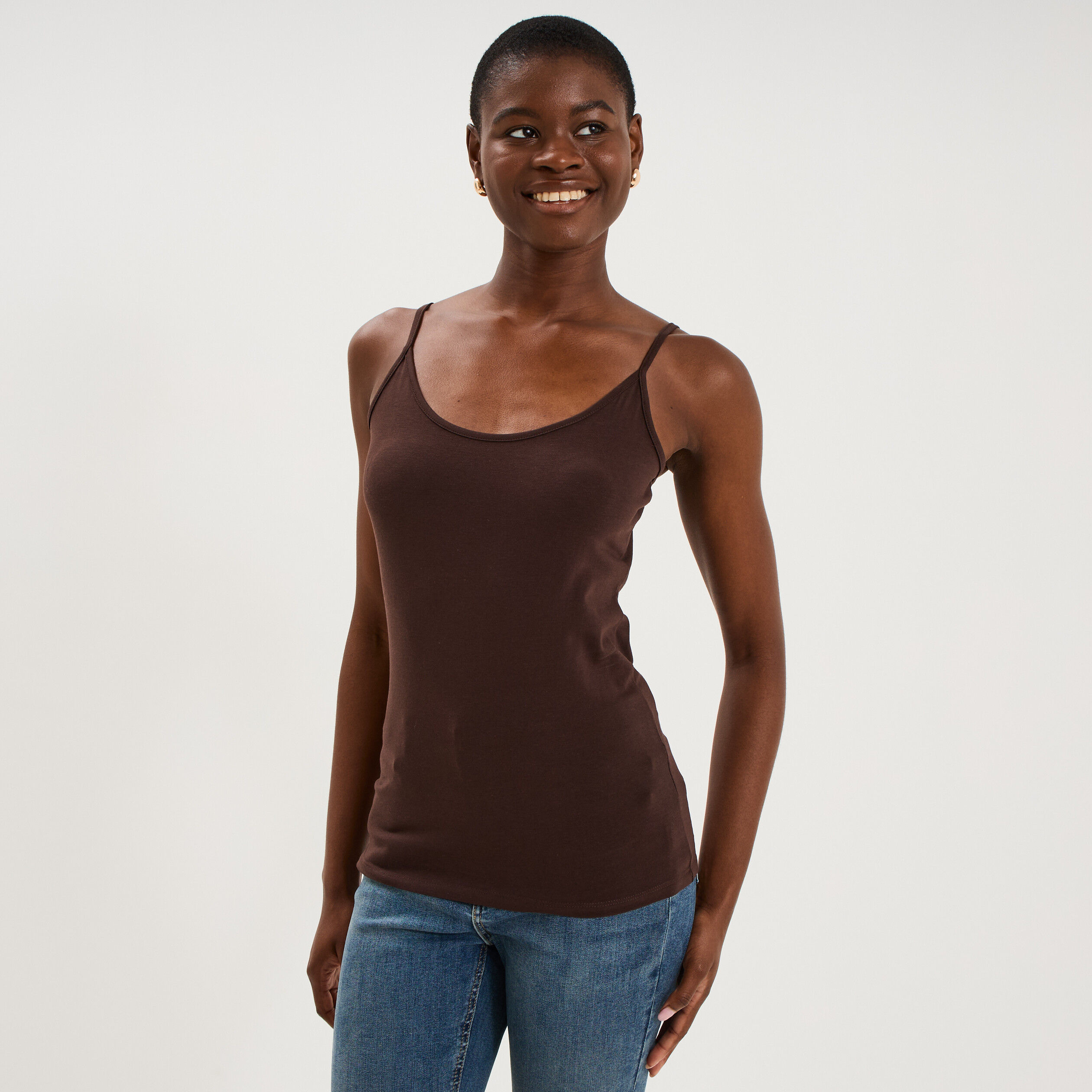 D&eacute;bardeur coton bretelles r&eacute;glables marron fonc&eacute; femme