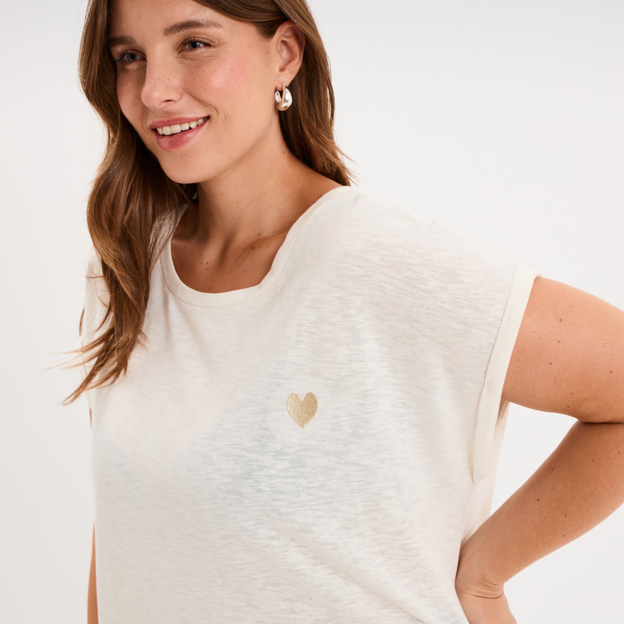 T-shirt droit manches courtes col rond ecru femme grande taille