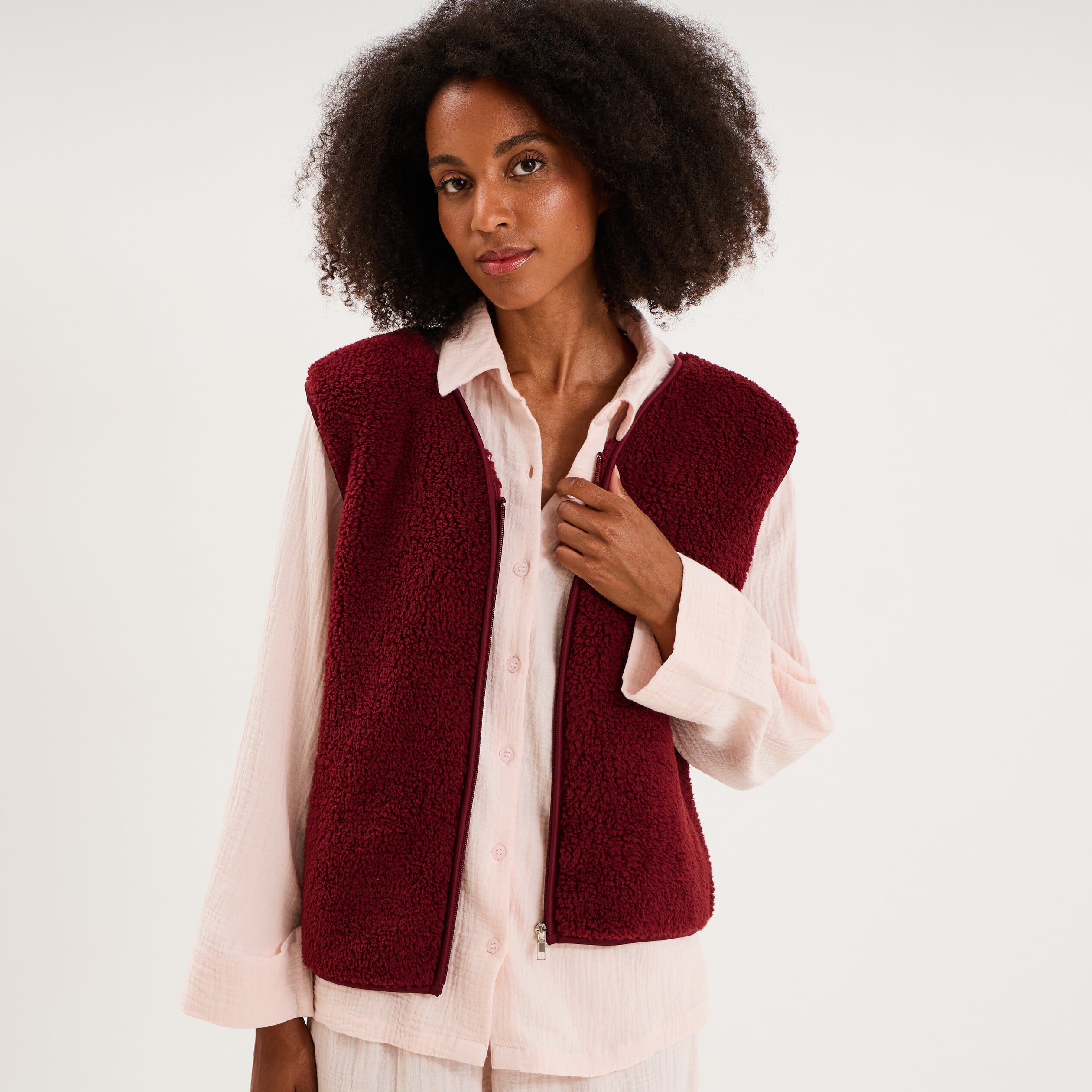 Gilet sans manches effet sherpa zipp&eacute; bordeaux femme