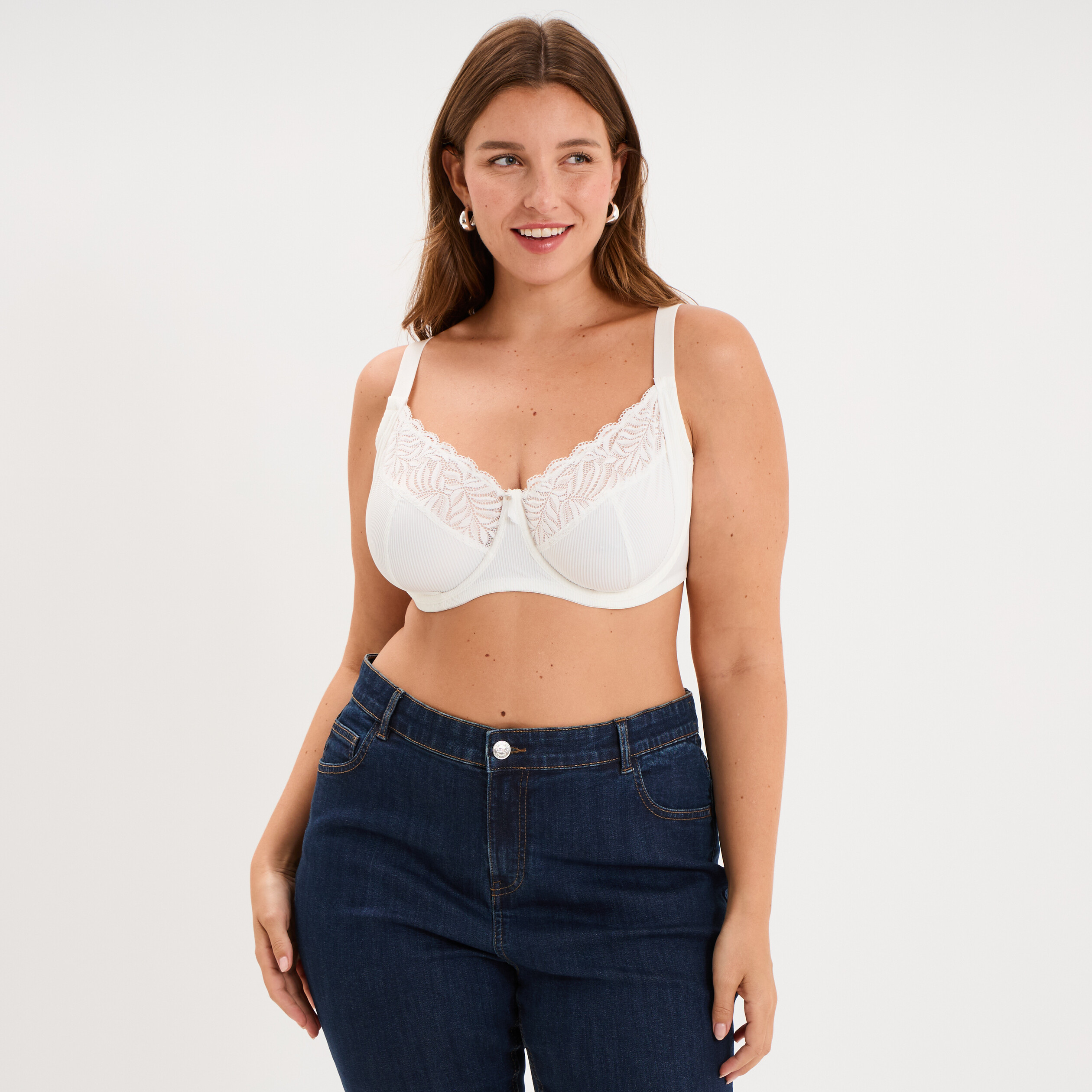 Soutien-gorge dentelle embo&icirc;tant c&ocirc;tel&eacute; blanc femme grande taille