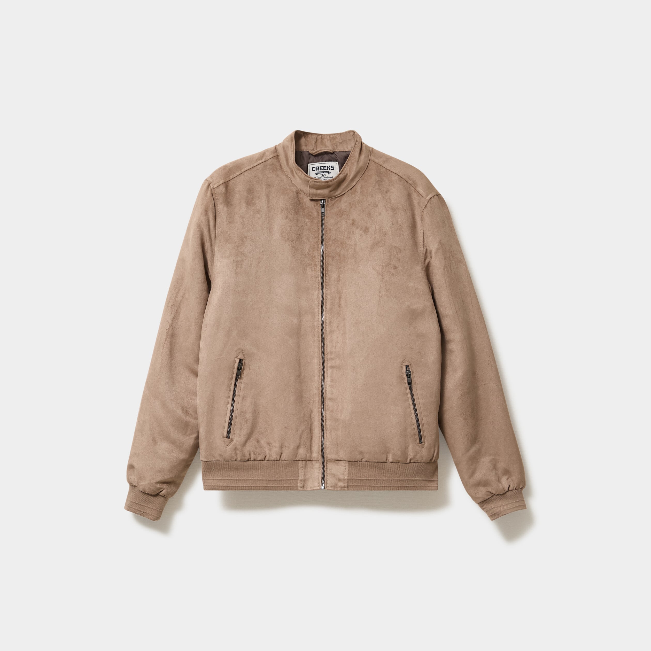 Blouson col biker en su&eacute;dine zipp&eacute; taupe homme