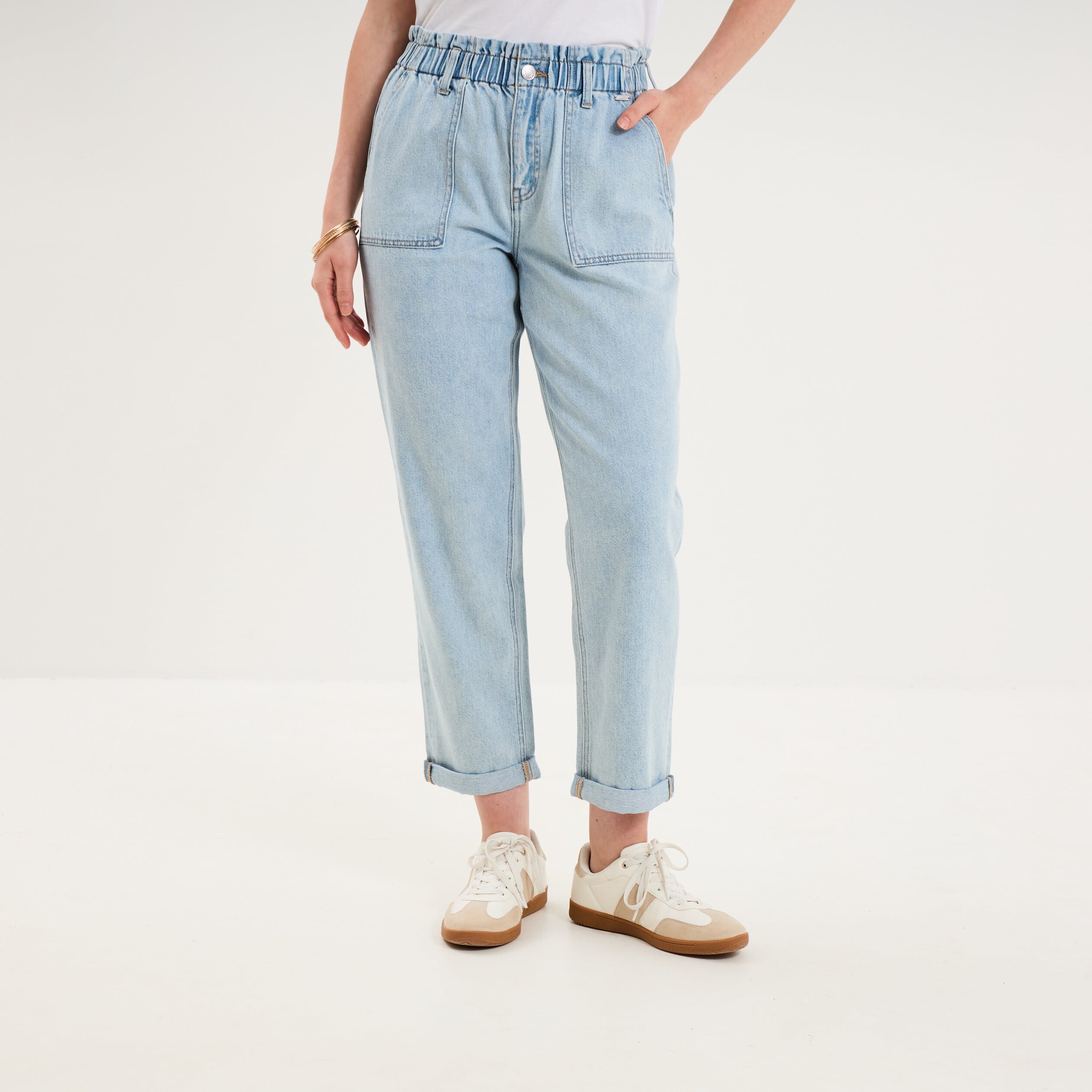 Jean paperbag cropped taille &eacute;lastiqu&eacute;e denim triple stone femme