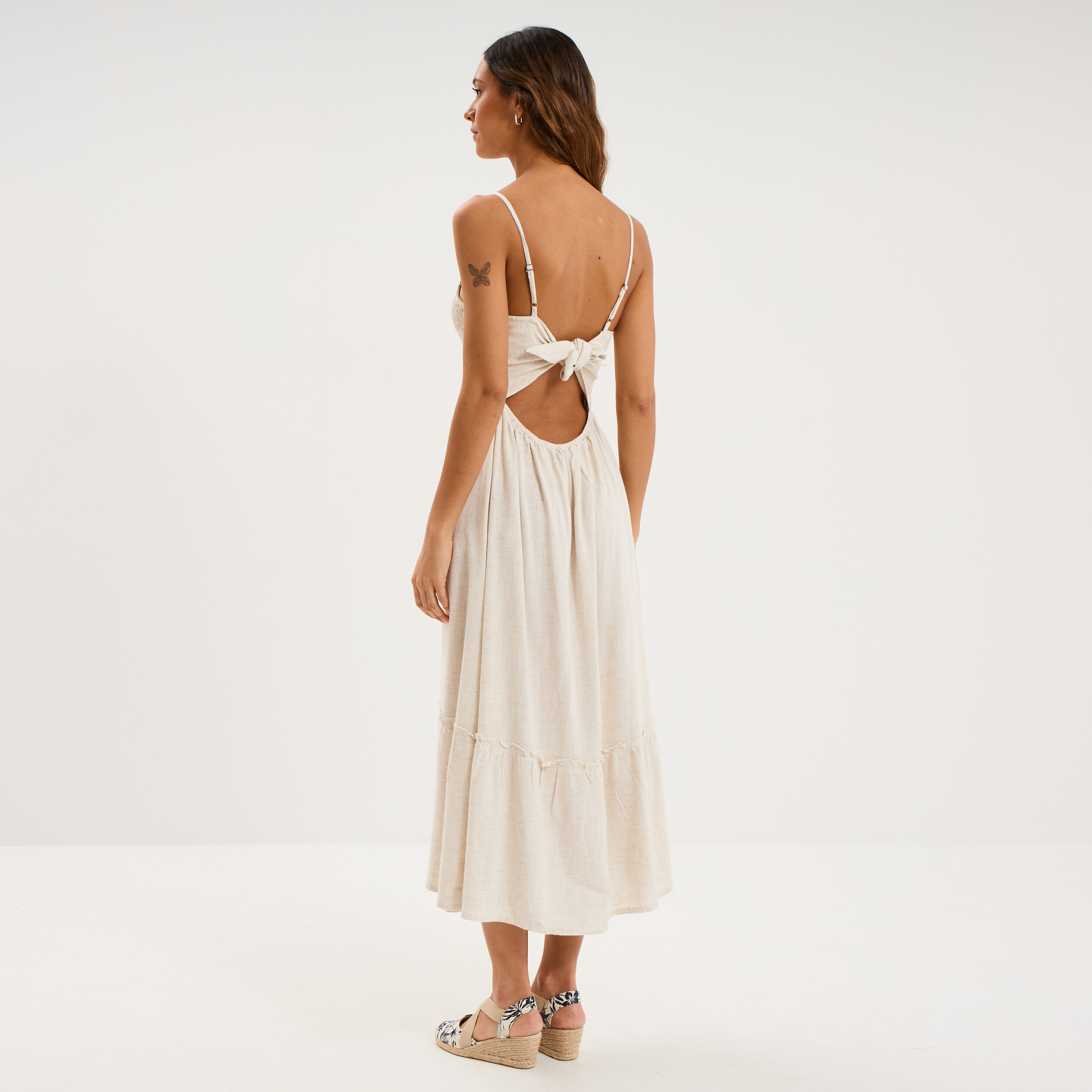 Robe longue buste smock&eacute; lin m&eacute;lang&eacute; beige femme