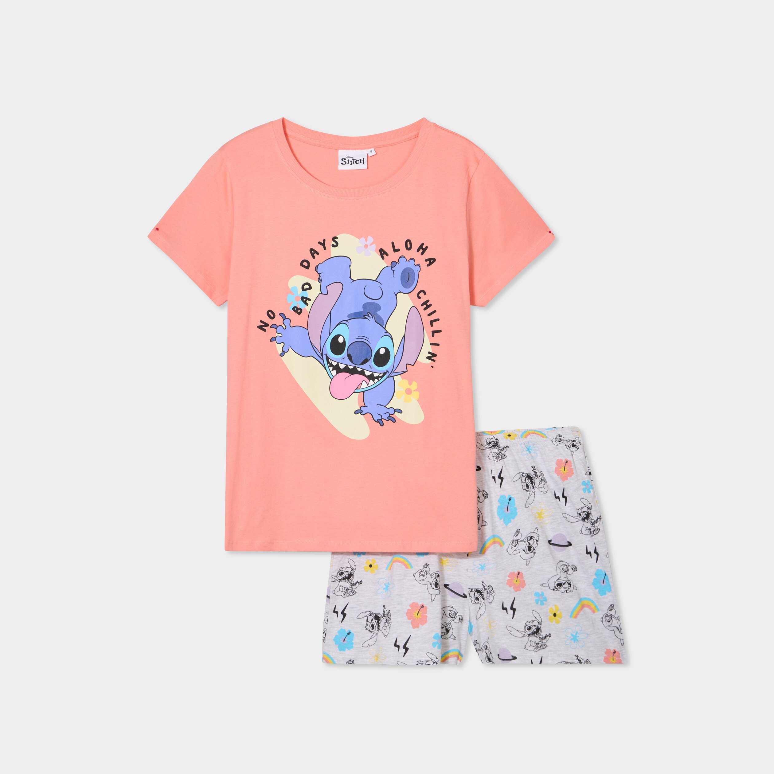 ensemble pyjama short coton stitch orange corail femme Ensemble pyjama short coton Stitch orange corail femme