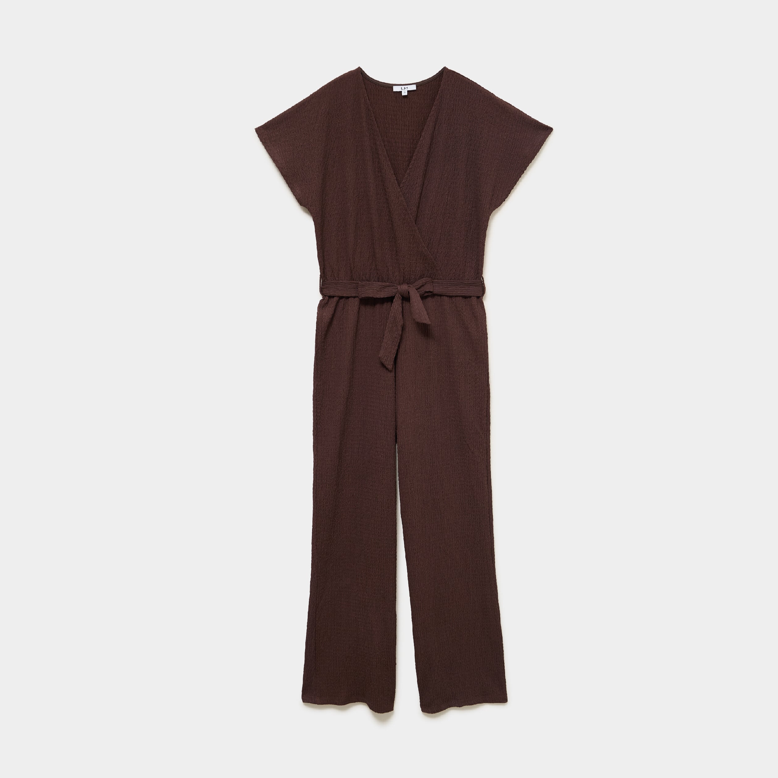 Combinaison pantalon gaufr&eacute;e ceintur&eacute;e marron fonc&eacute; femme