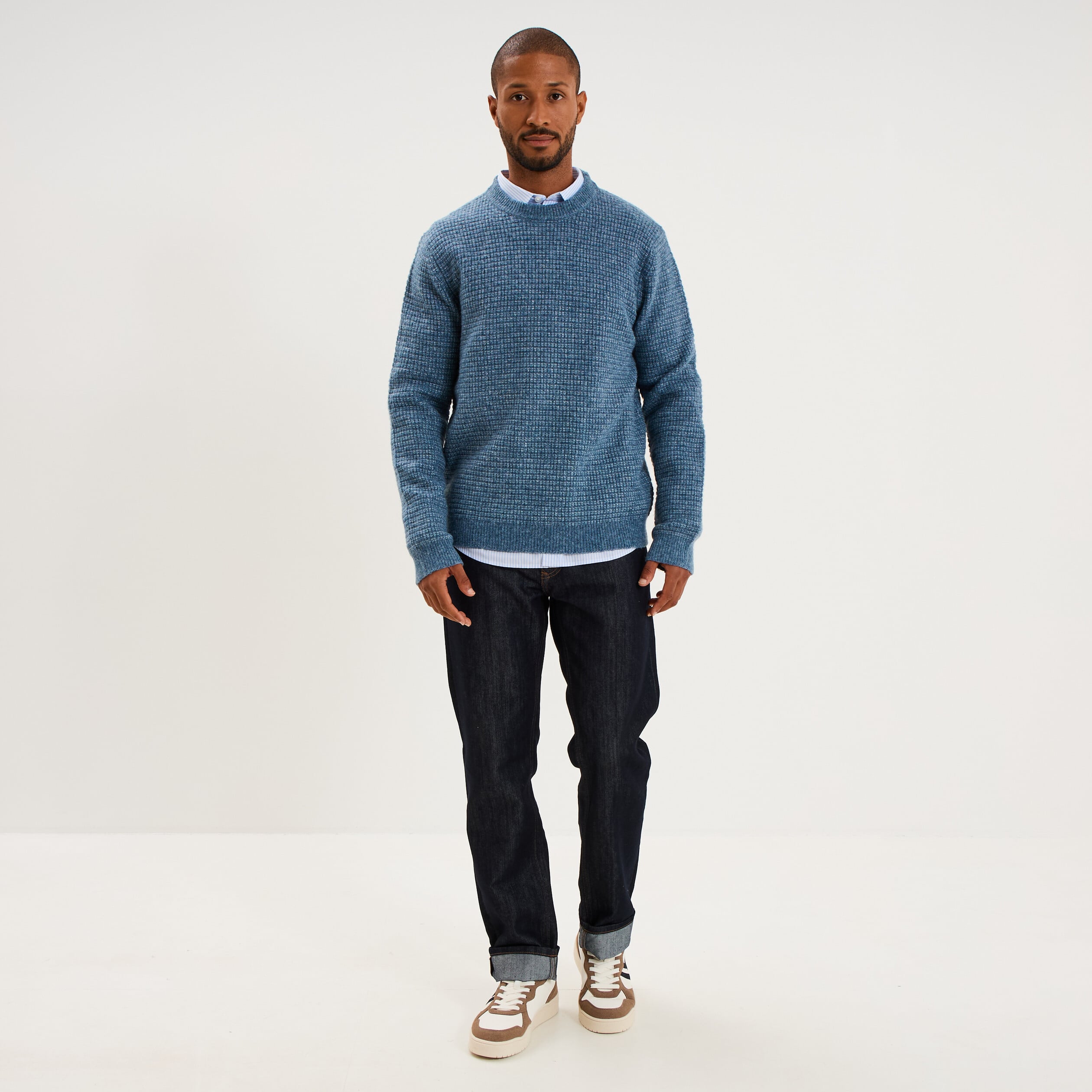 Pull col rond manches longues bleu gris homme