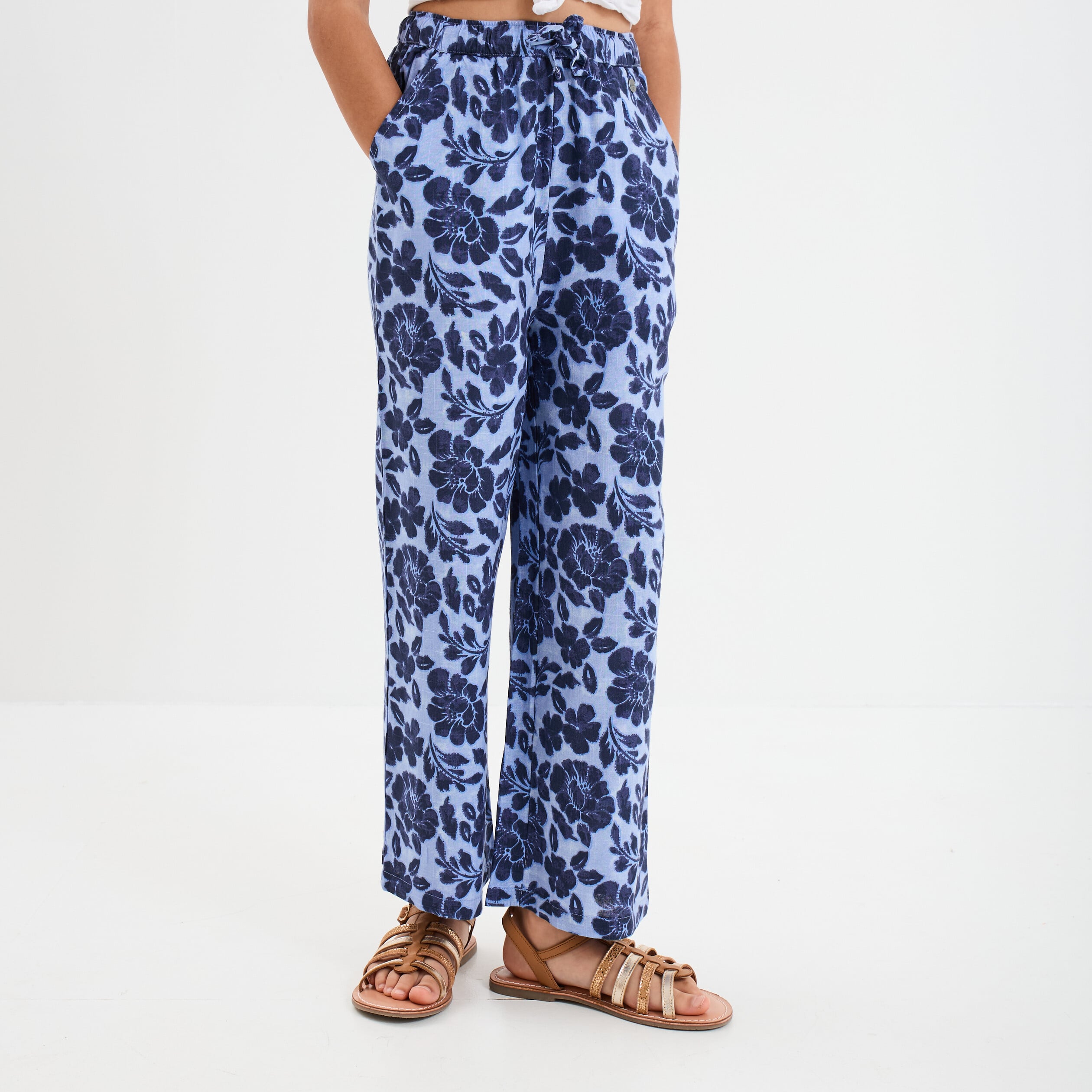 Pantalon fluide large taille &eacute;lastiqu&eacute;e bleu fille