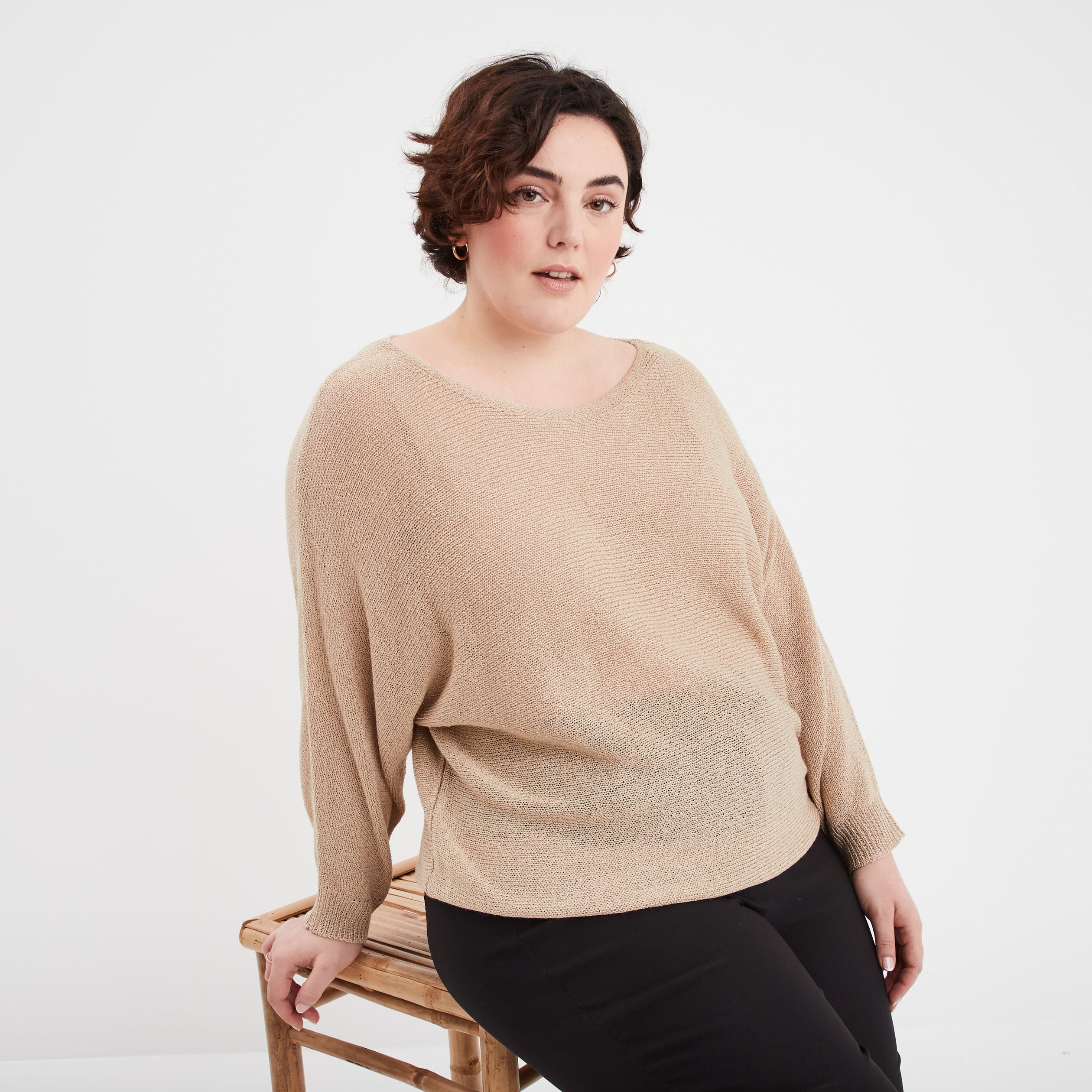 Pull manches longues col rond beige femme grande taille