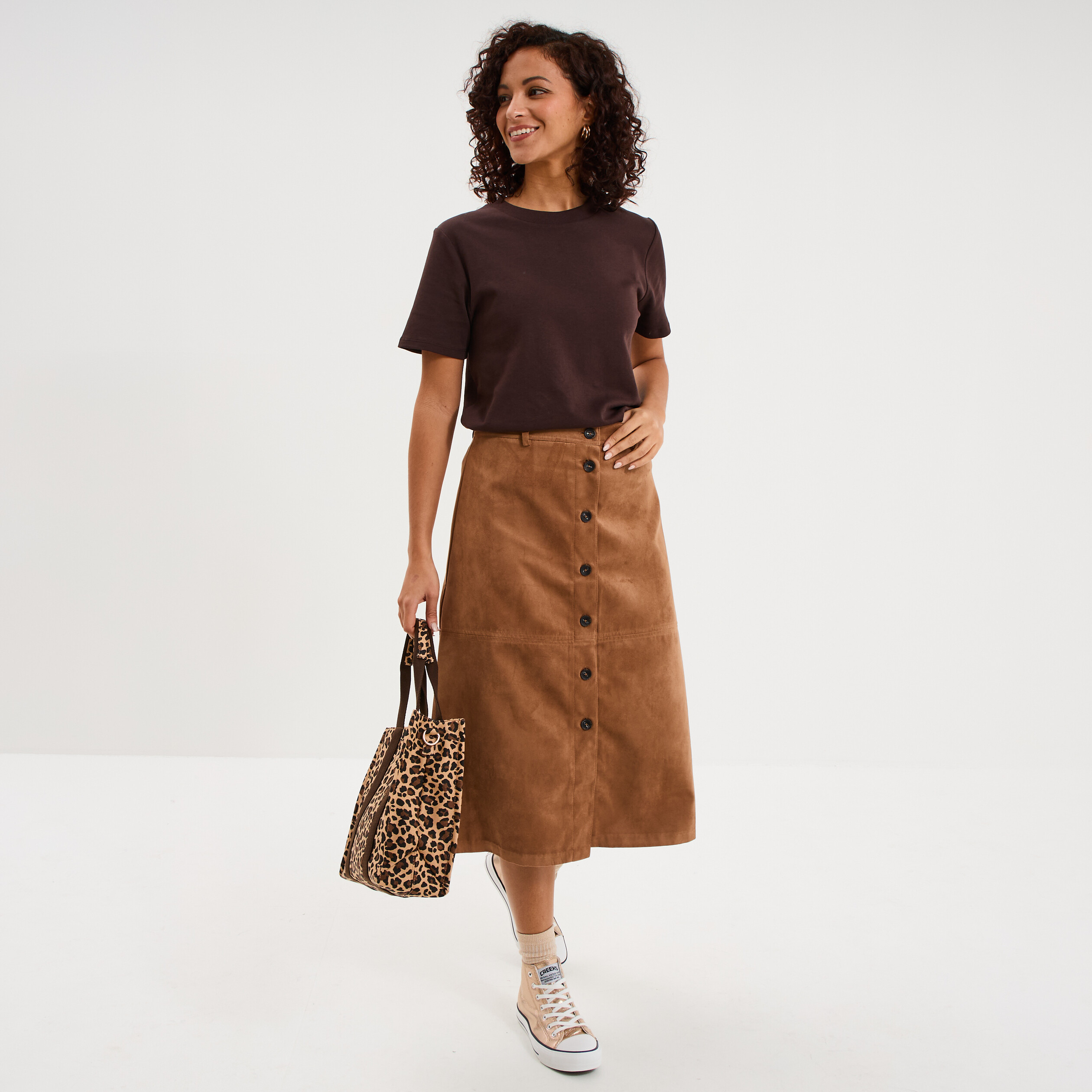 Jupe longue effet su&eacute;dine marron femme