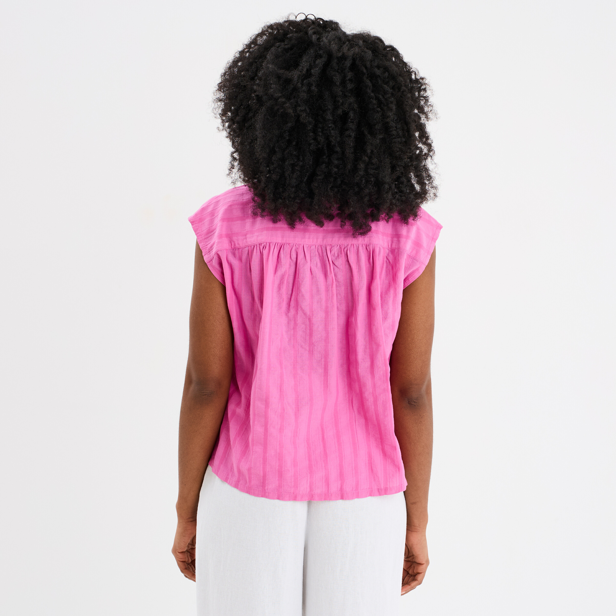 Blouse sans manches col tunisien coton rose fushia femme