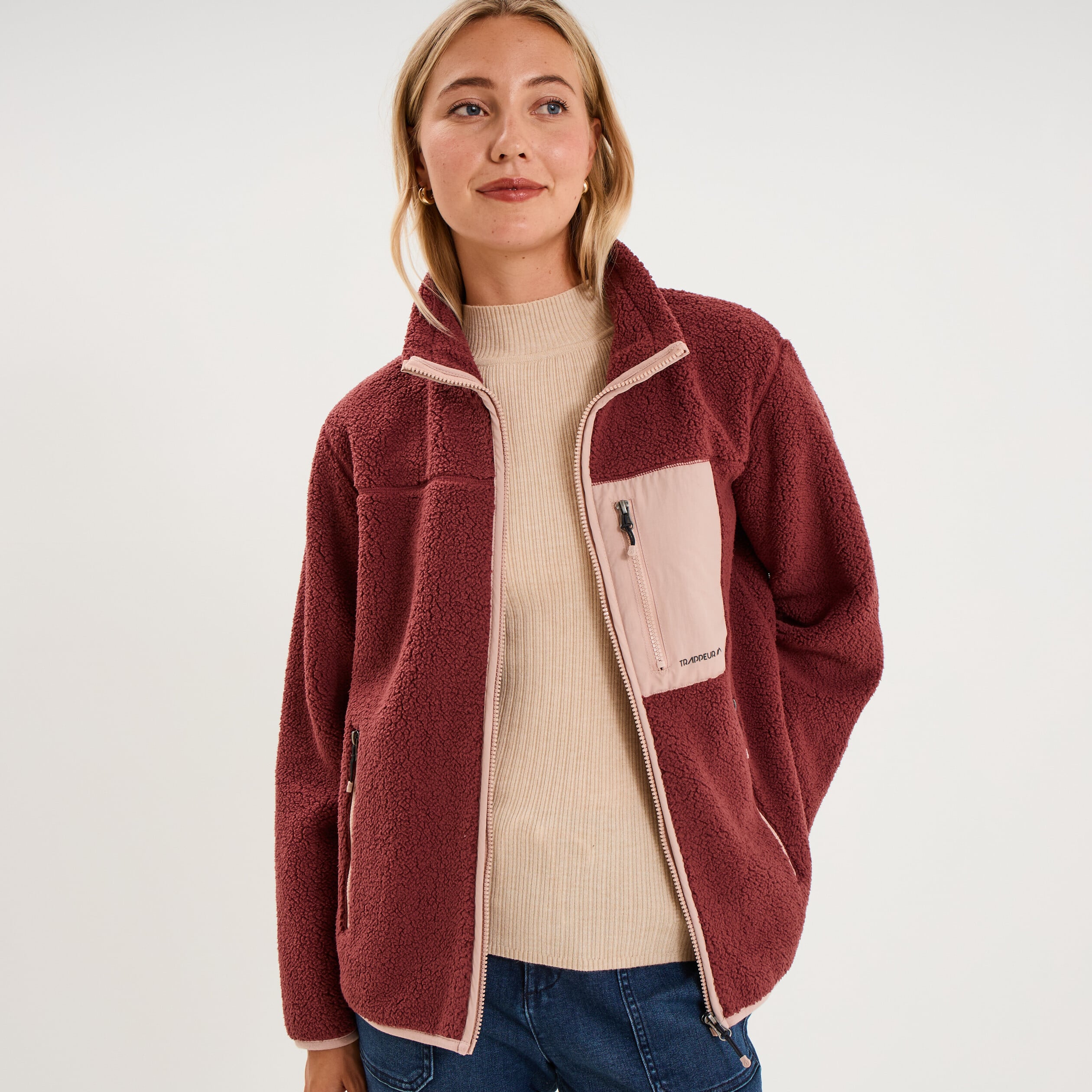 Veste zipp&eacute;e effet sherpa 3 poches vieux rose femme