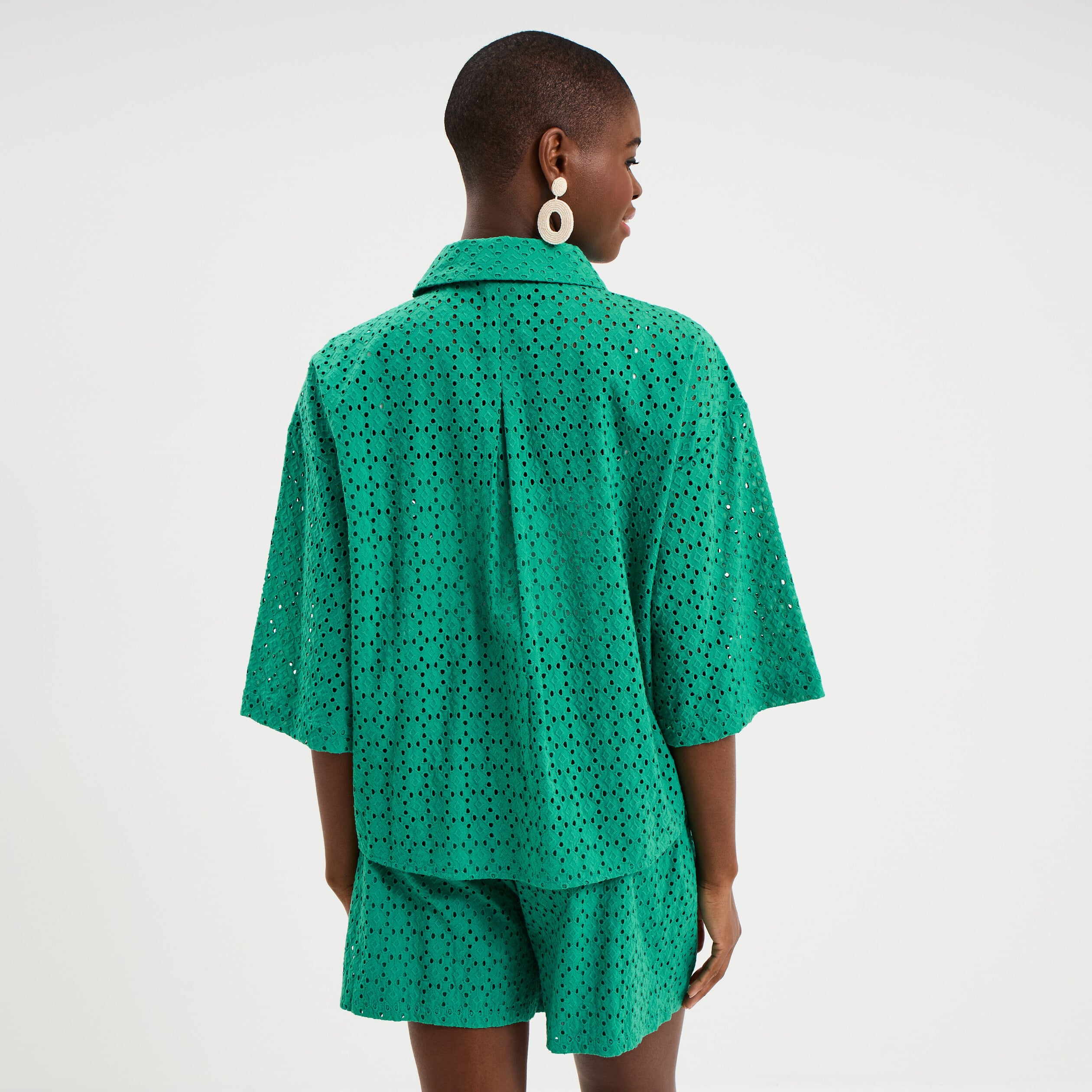 Chemise broderie anglaise coton vert canard femme