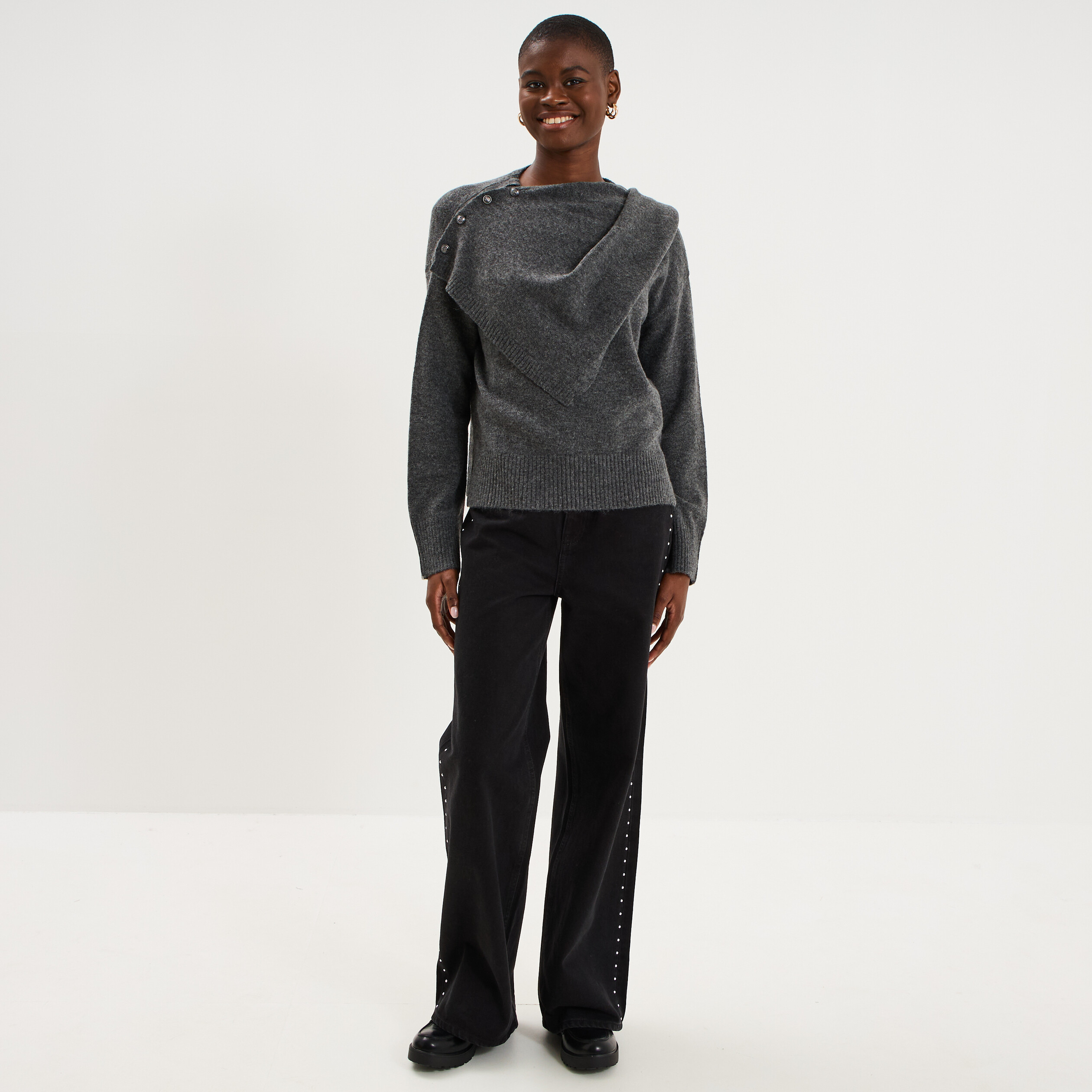 Pull col rond &eacute;charpe amovible gris fonc&eacute; femme