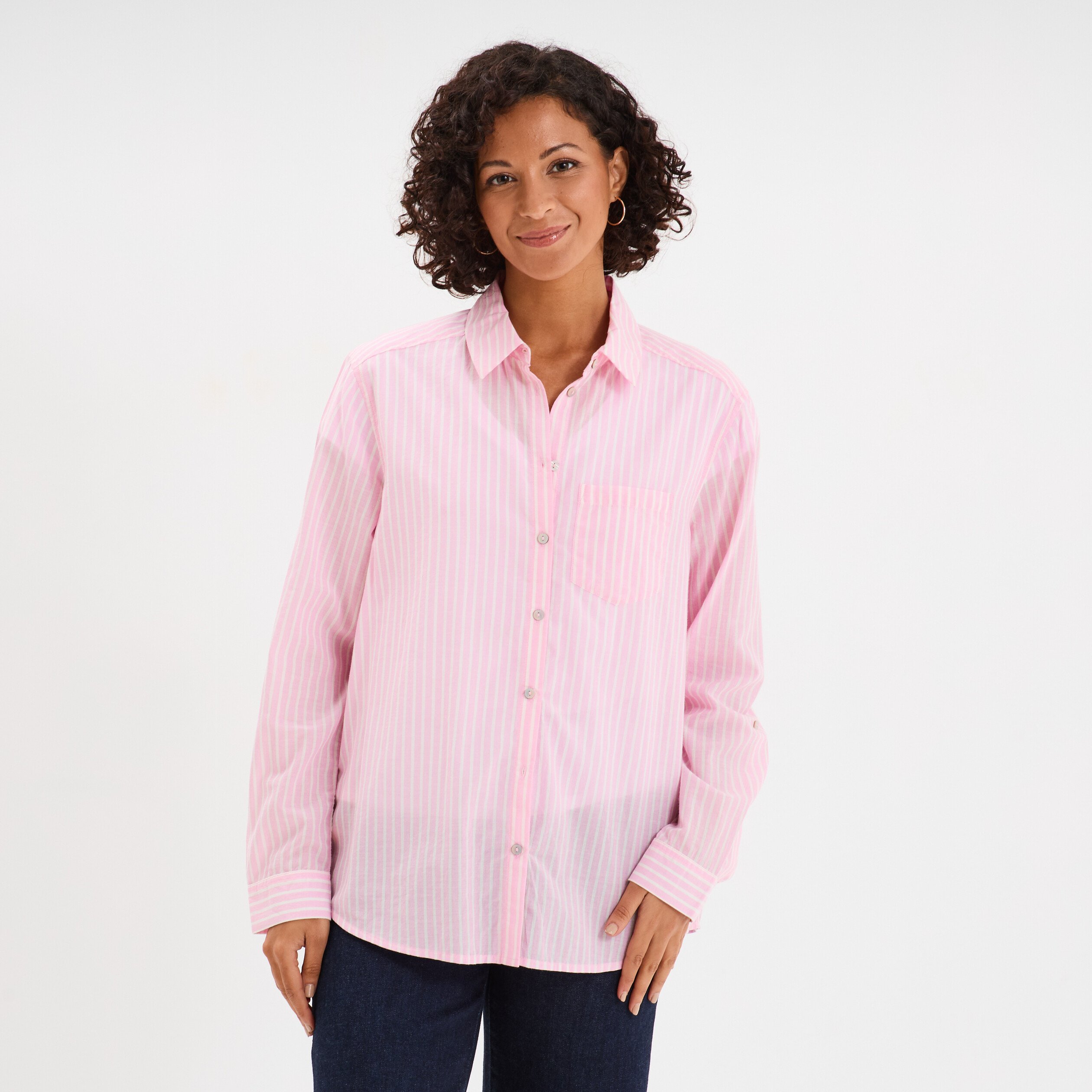 chemise manches ajustables 1 poche coton rose femme Chemise manches ajustables 1 poche coton rose femme