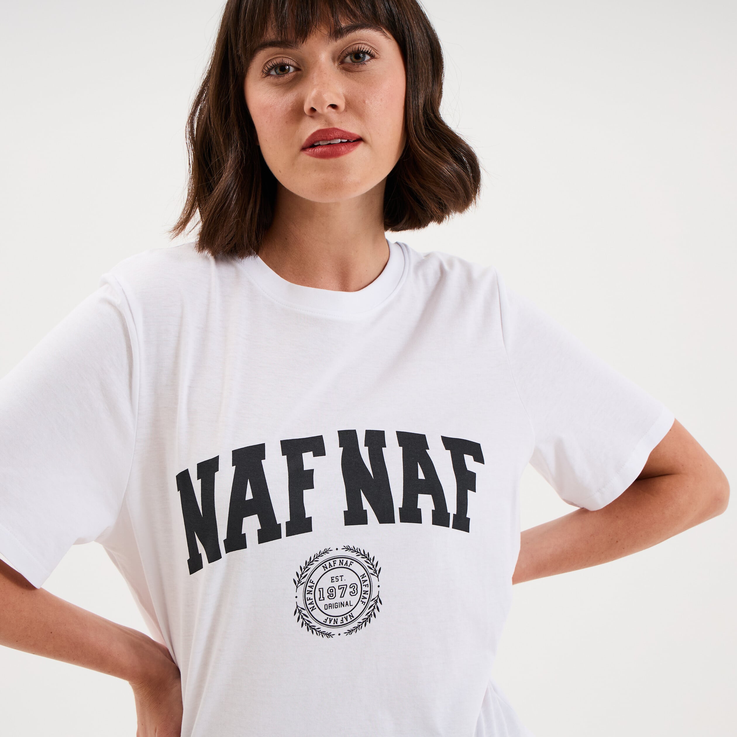 T-shirt col rond manches courtes print blanc femme