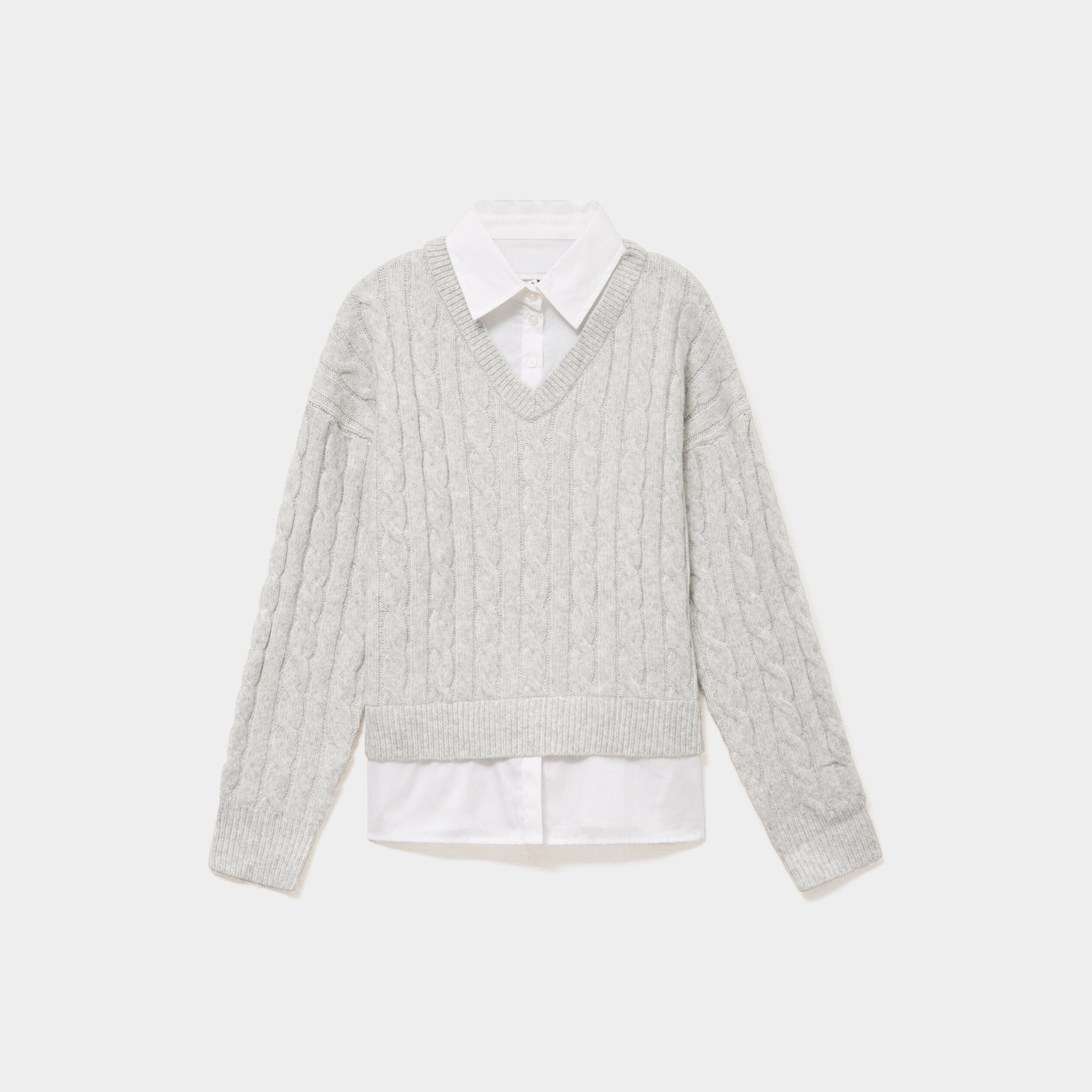 Pull torsades effet 2-en-1 chemise gris clair femme