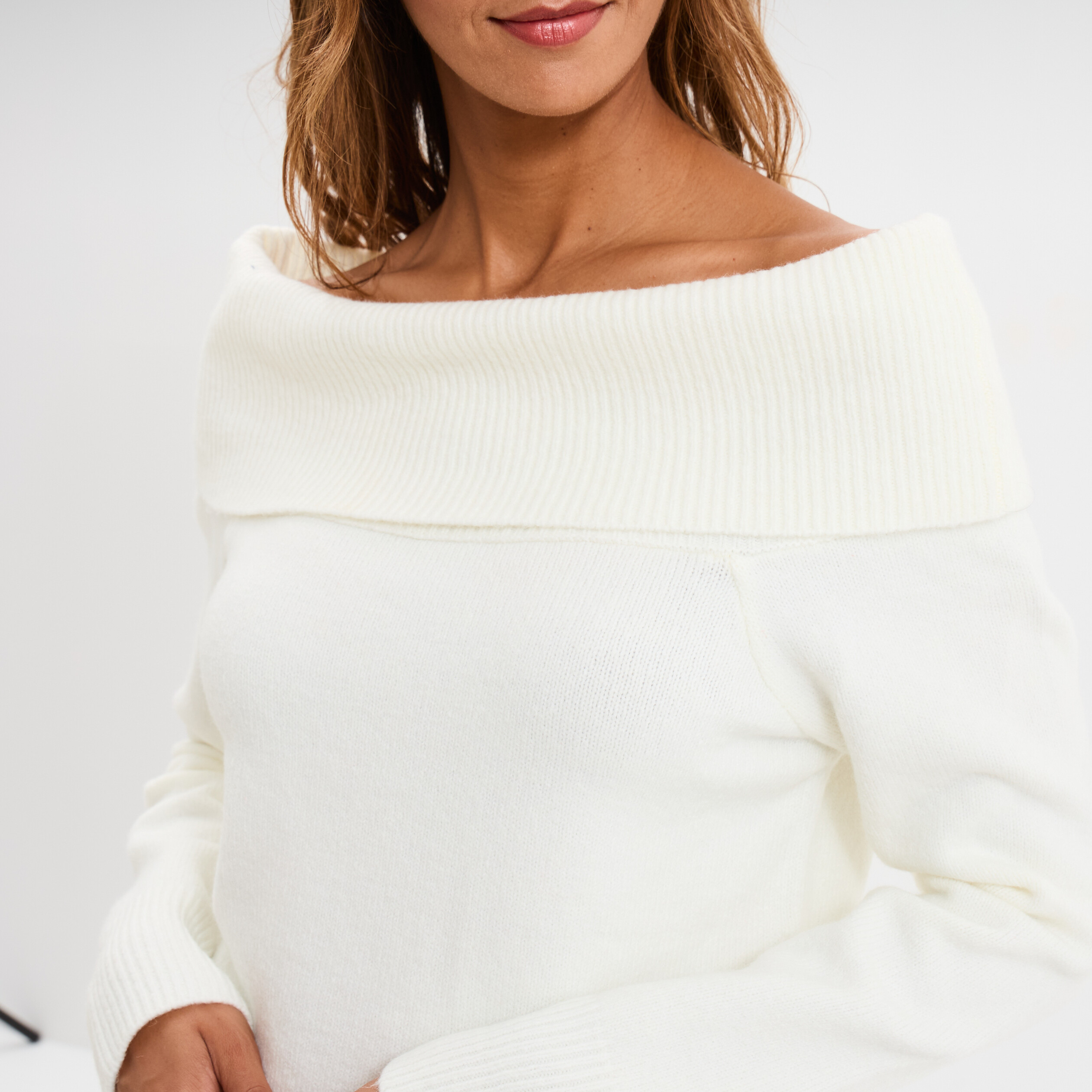 pull col bardot cintree manches longues blanc femme Pull col bardot cintrée manches longues blanc femme