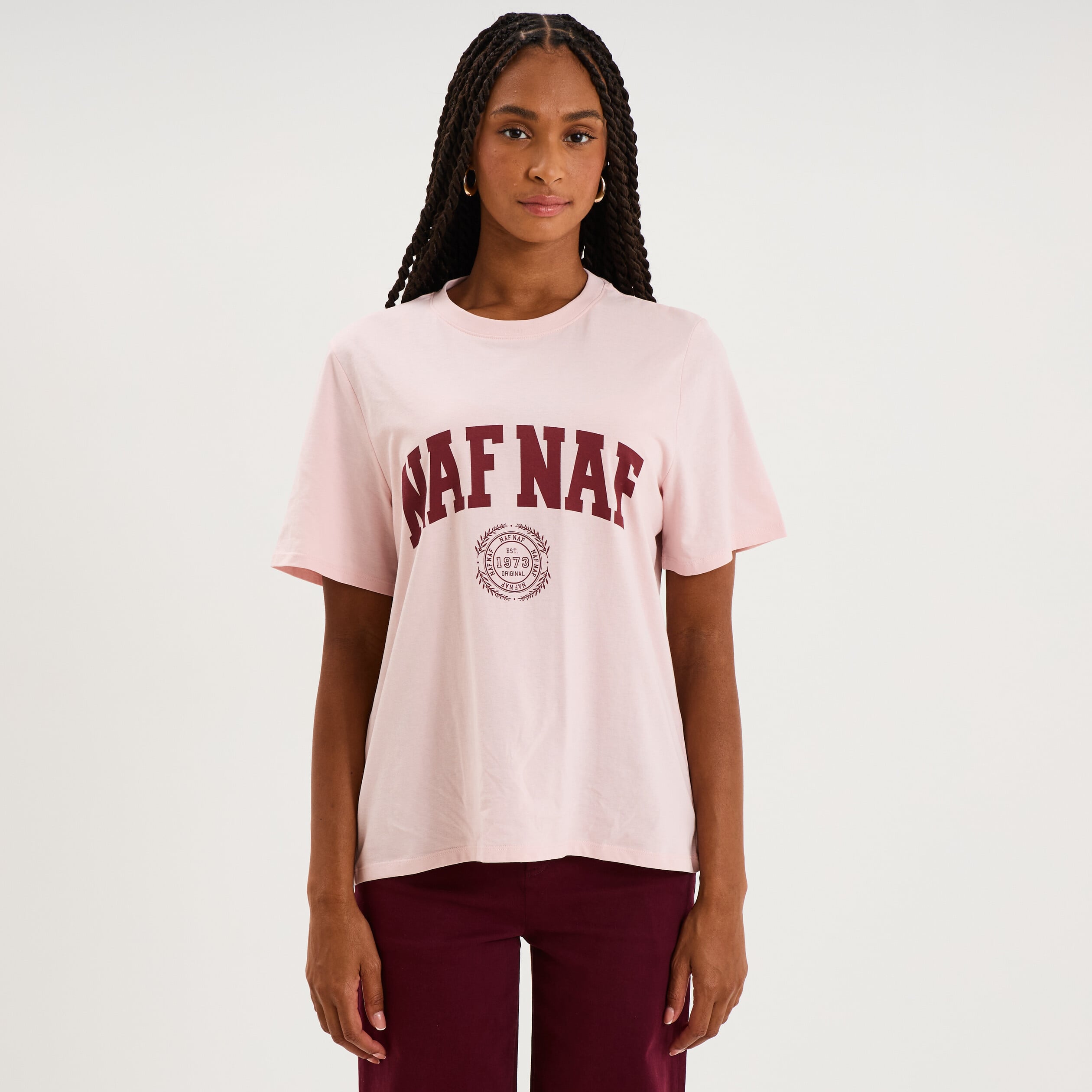 T-shirt col rond manches courtes print rose pastel femme
