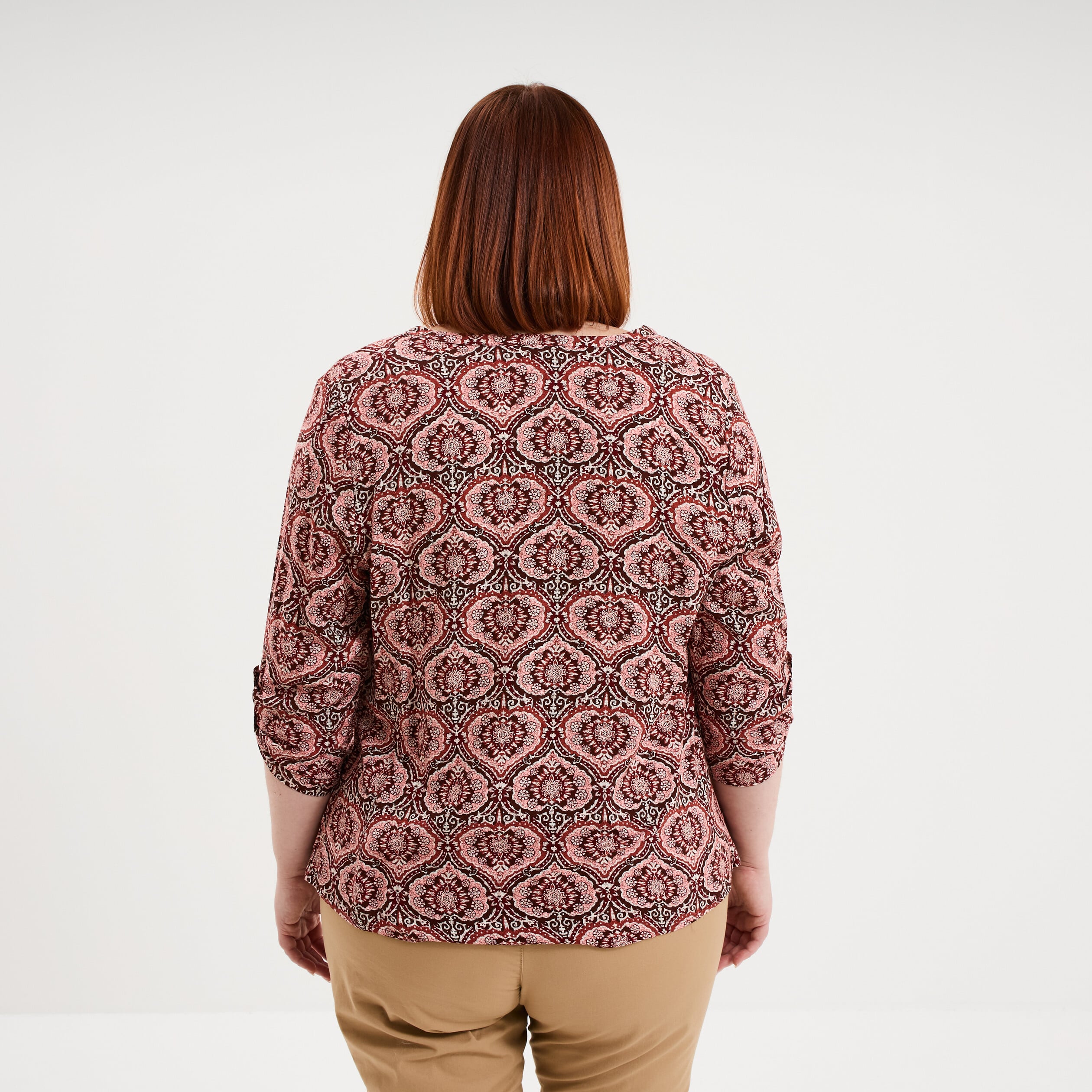 Blouse col tunisien manches 3/4 fluide marron chocolat femme grande taille