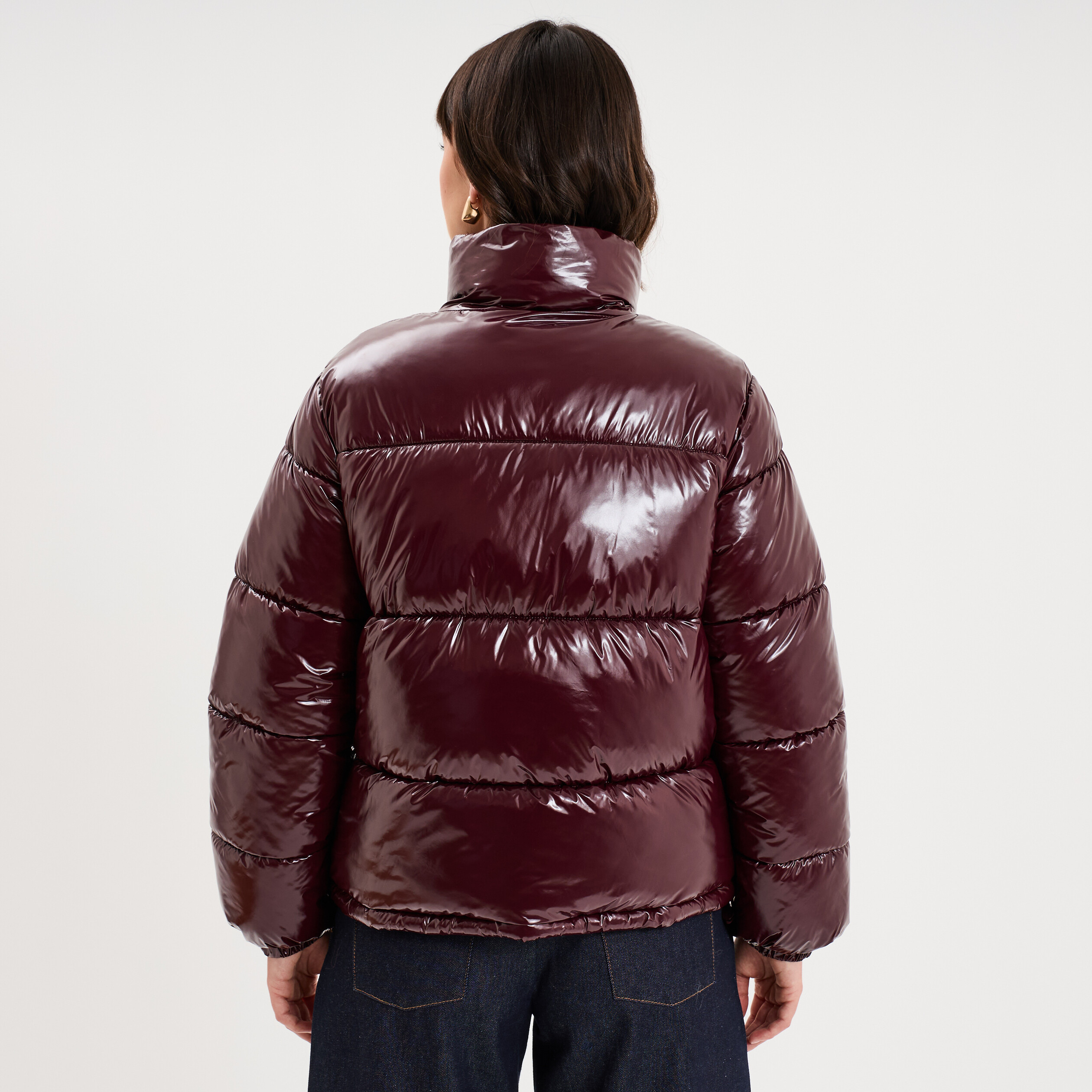 Doudoune courte oversize col montant violet fonc&eacute; femme