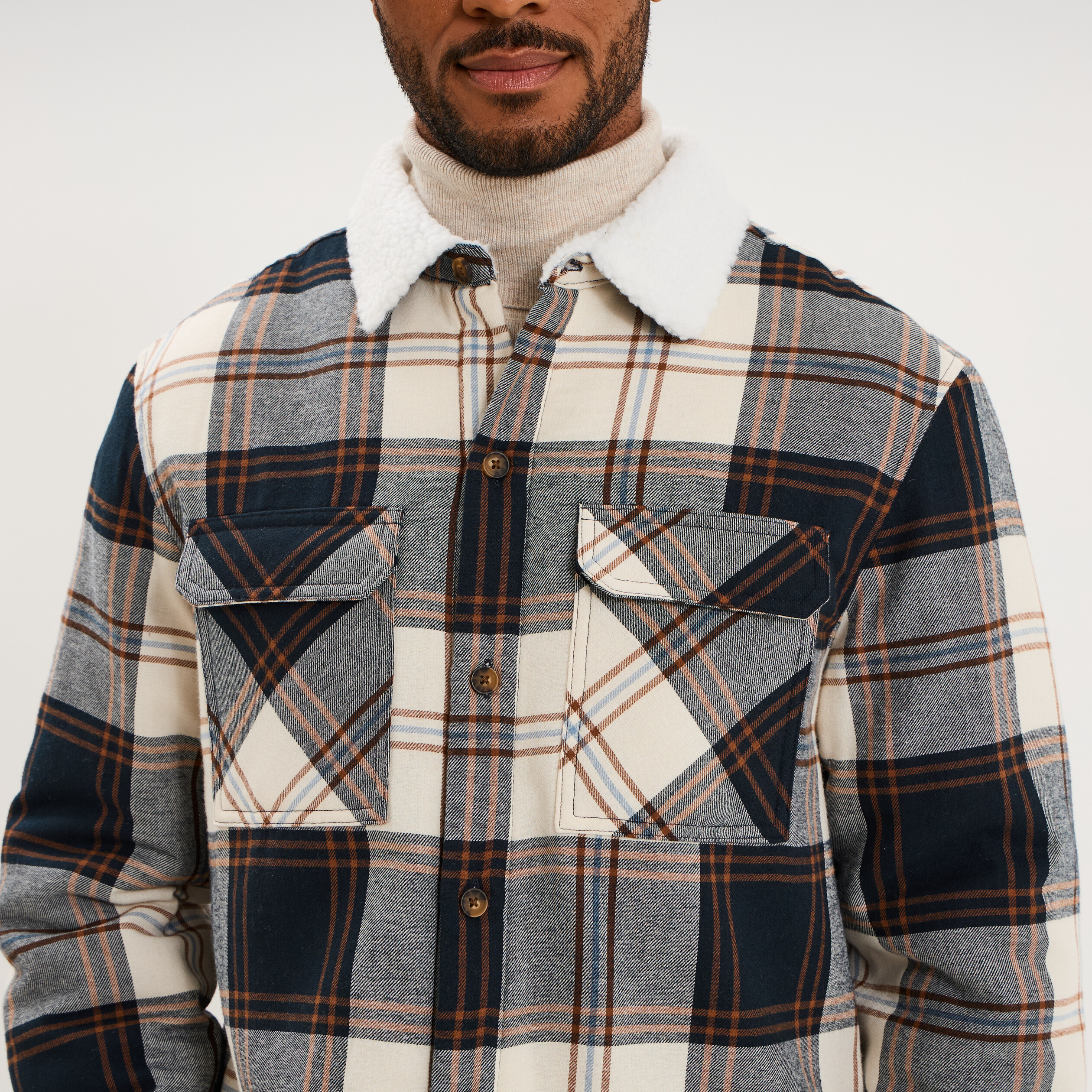 Surchemise carreaux doubl&eacute;e effet sherpa ecru homme