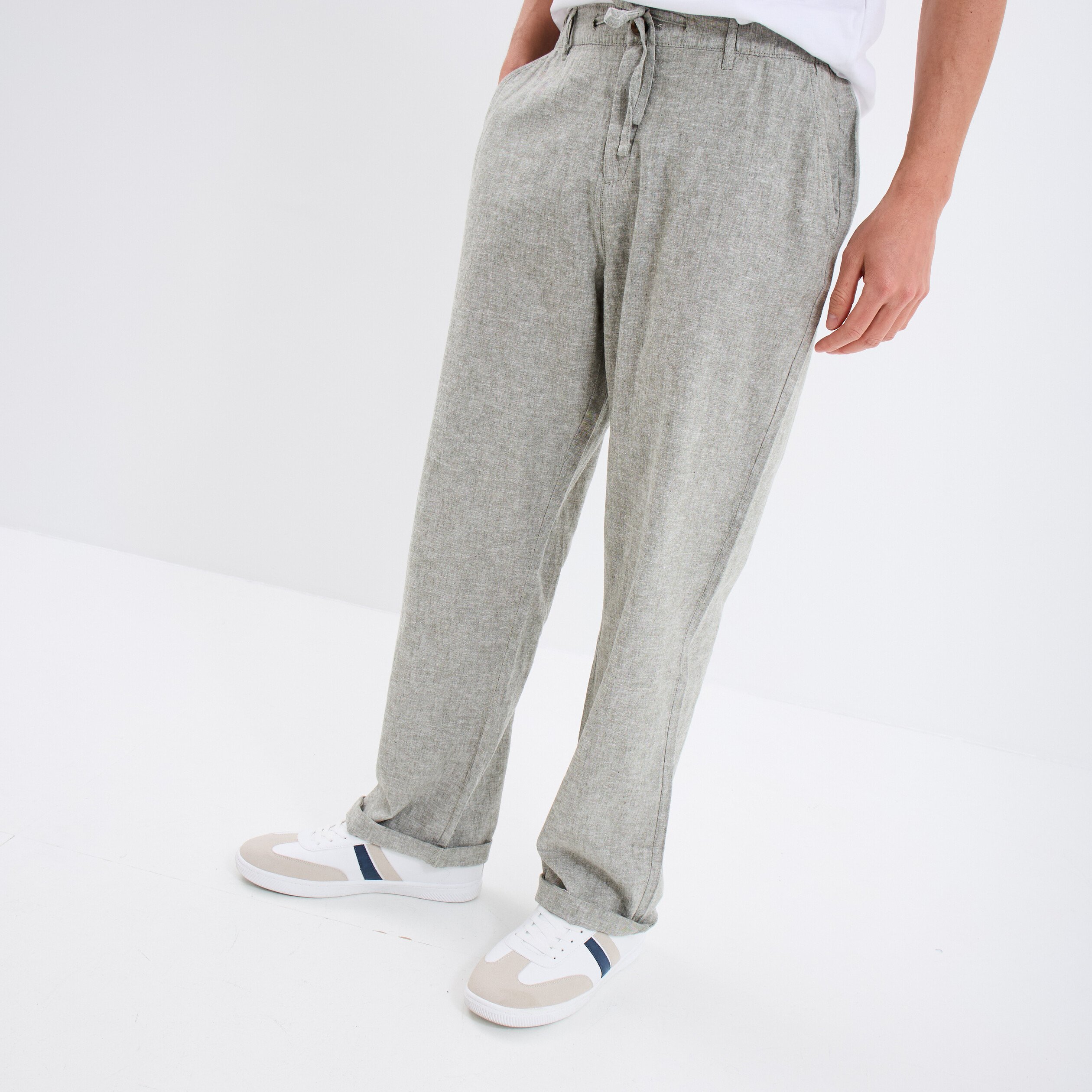 pantalon chino melange lin coton vert kaki homme Pantalon chino mélange lin coton vert kaki homme