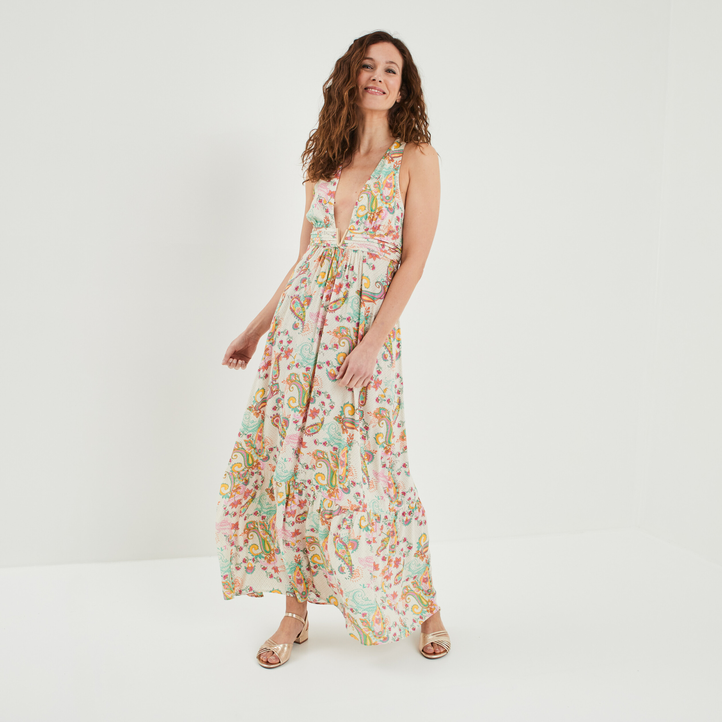 robe longue col en v bijou ecru femme Robe longue col en V bijou ecru femme