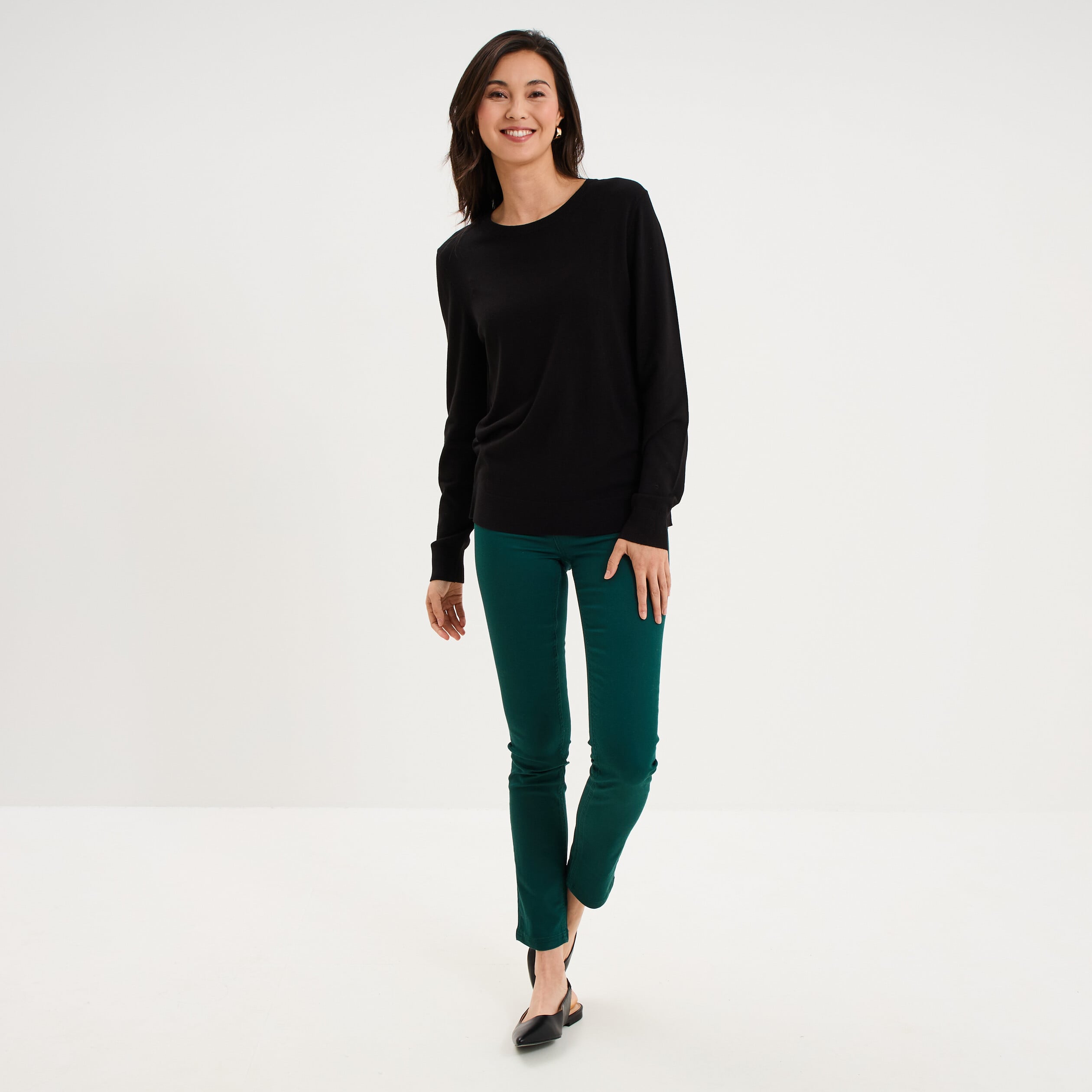 Pull col rond manches longues noir femme