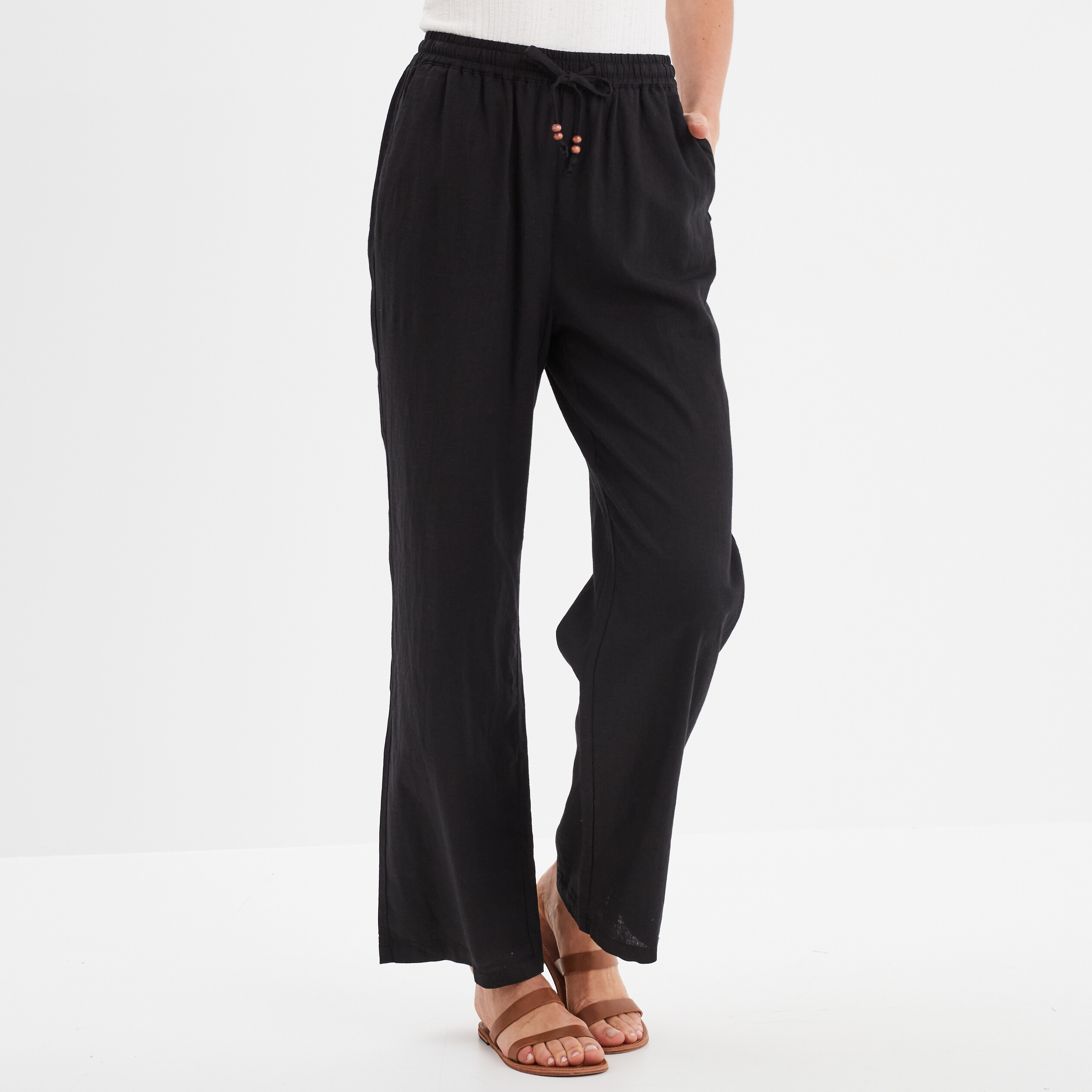 pantalon melange lin taille elastiquee noir femme Pantalon mélange lin taille élastiquée noir femme